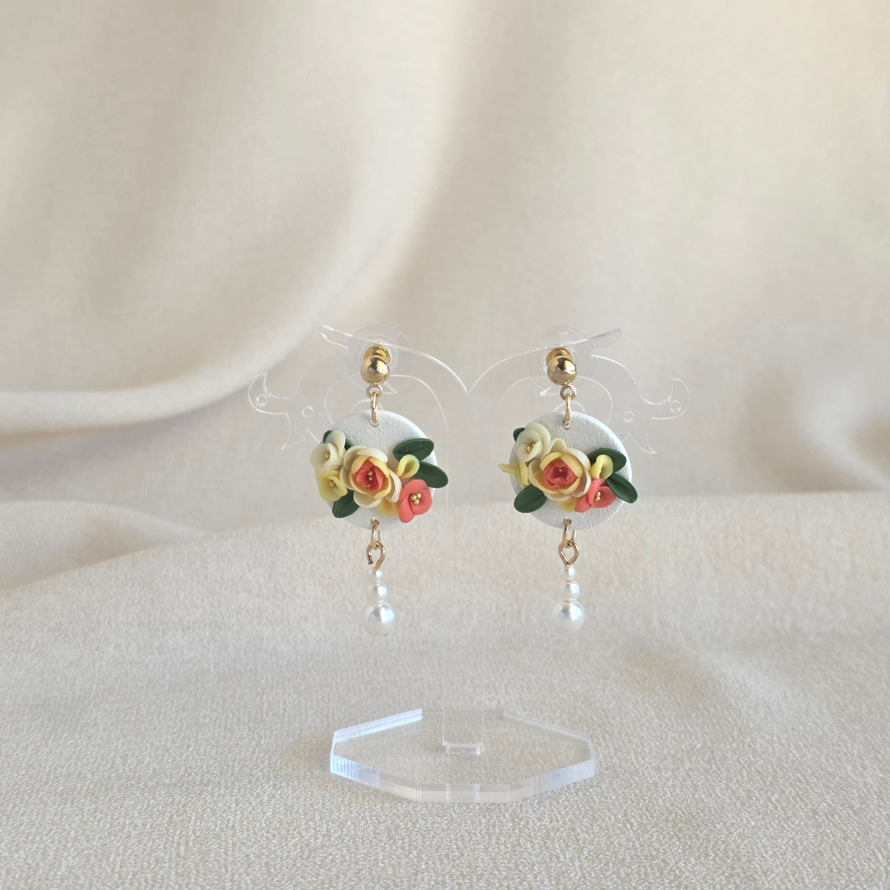 Handmade Floral Polymer Clay Earrings & Hijab Pin Set | Pastel Flower Jewellery | Lightweight Statement Earrings | Gift for Her