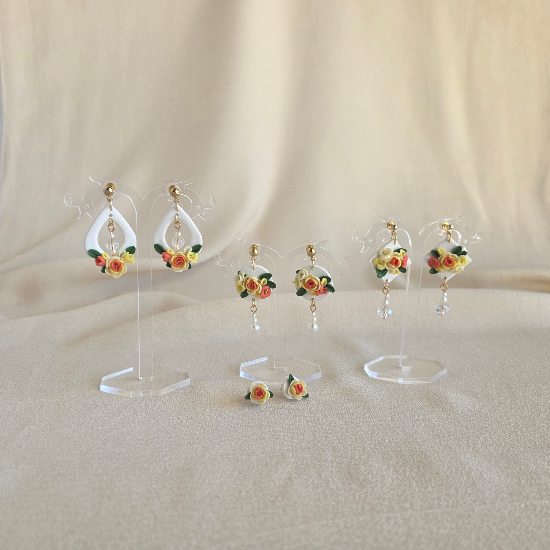 Handmade Floral Polymer Clay Earrings & Hijab Pin Set | Pastel Flower Jewellery | Lightweight Statement Earrings | Gift for Her