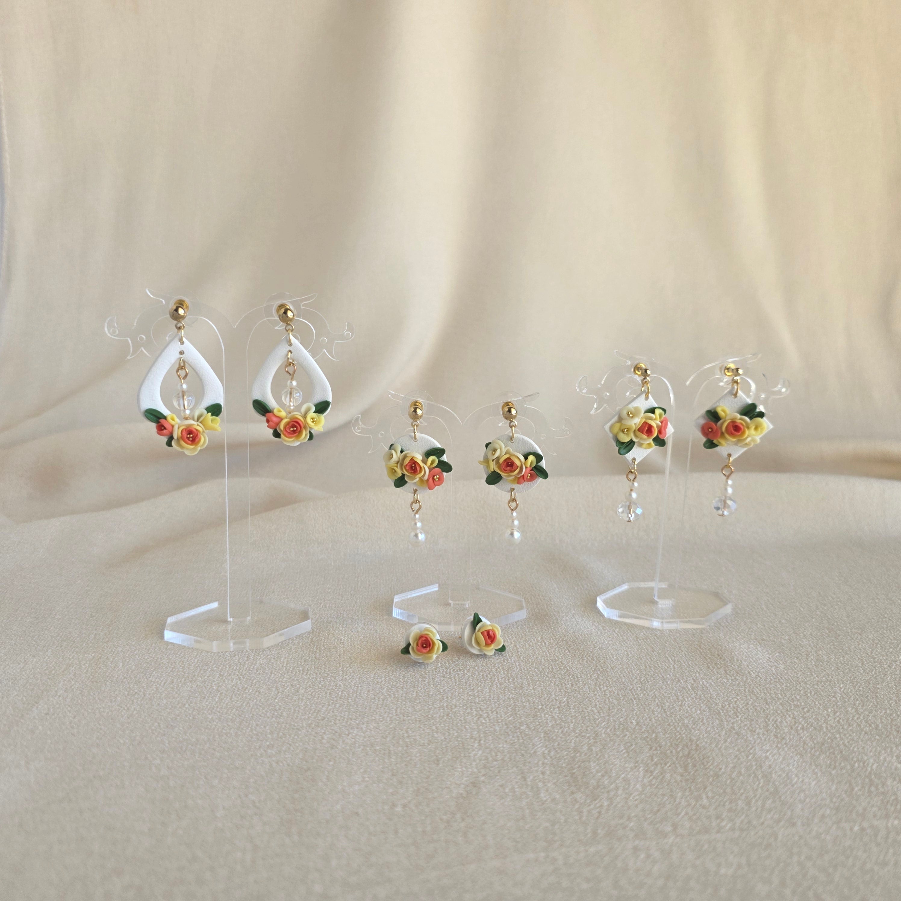 Handmade Floral Polymer Clay Earrings & Hijab Pin Set | Pastel Flower Jewellery | Lightweight Statement Earrings | Gift for Her