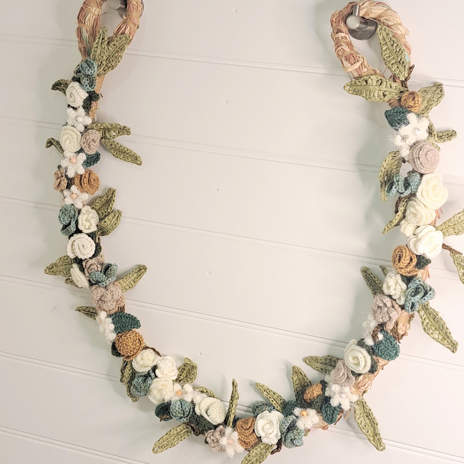 Handmade crochet Wedding Garland, roses, eucalyptus on raffia
