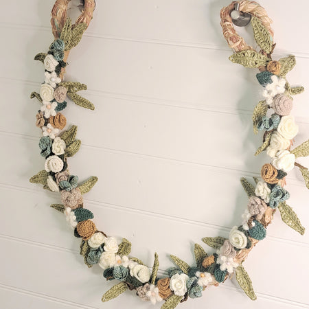 Handmade crochet Wedding Garland, roses, eucalyptus on raffia