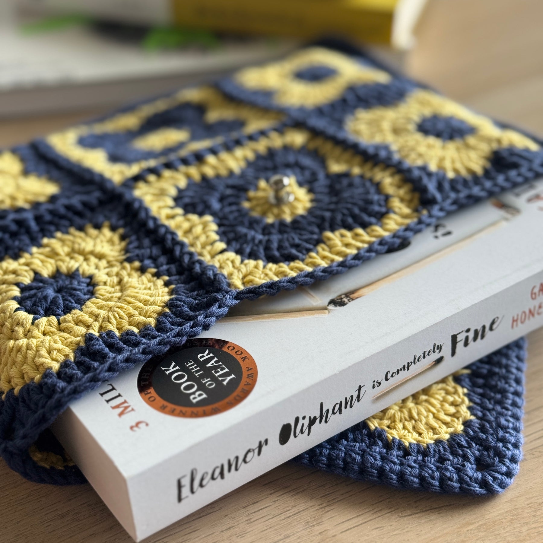 Book Sleeve | Handmade Crochet Book Accessary | Flower Navy x Citrus Ver. Cotton Yarn