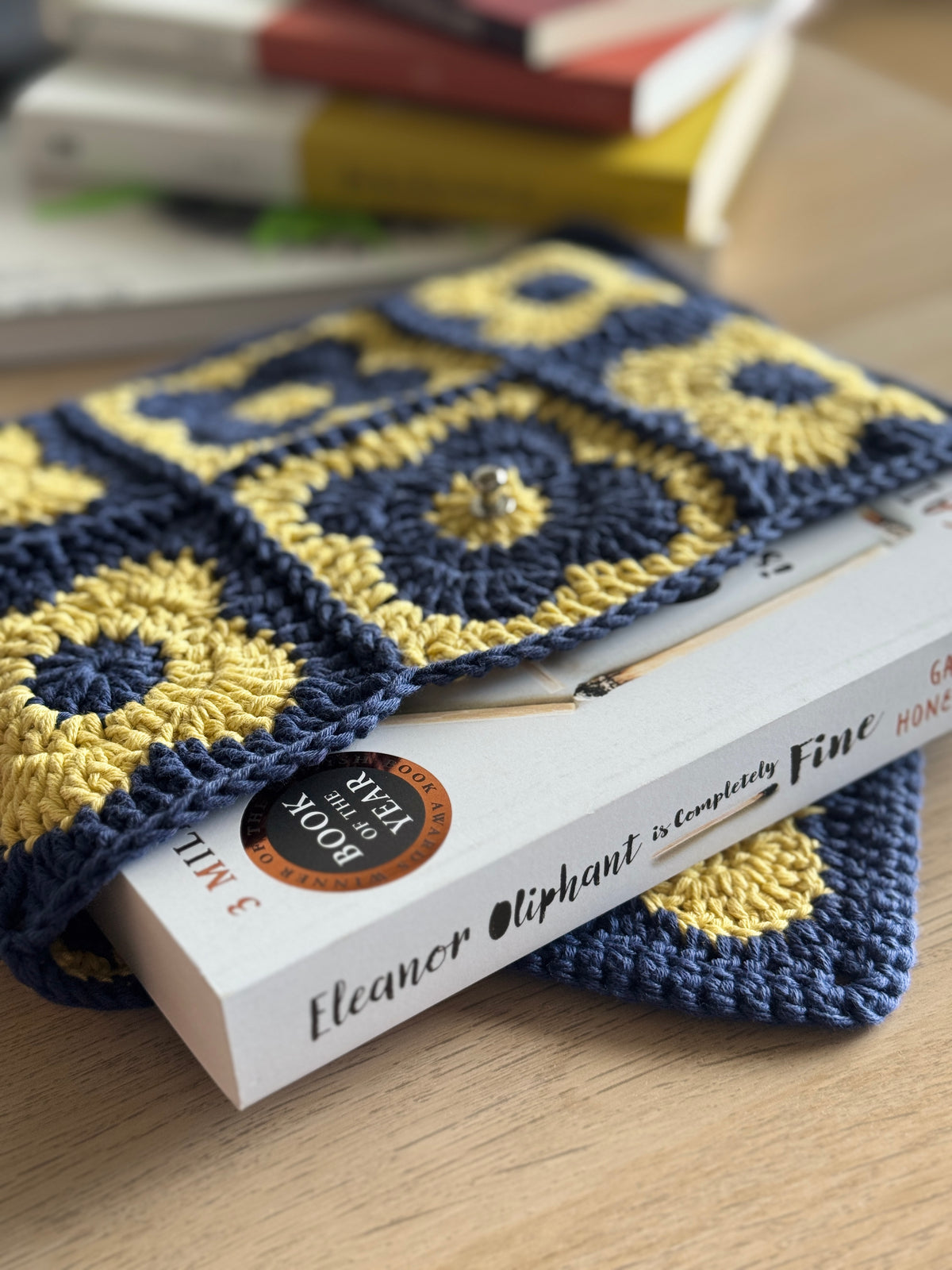 Book Sleeve | Handmade Crochet Book Accessary | Flower Navy x Citrus Ver. Cotton Yarn