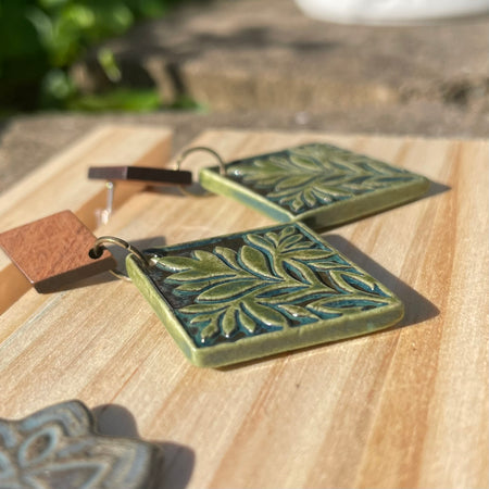 Earrings Ceramic green leaf pattern diamond shape