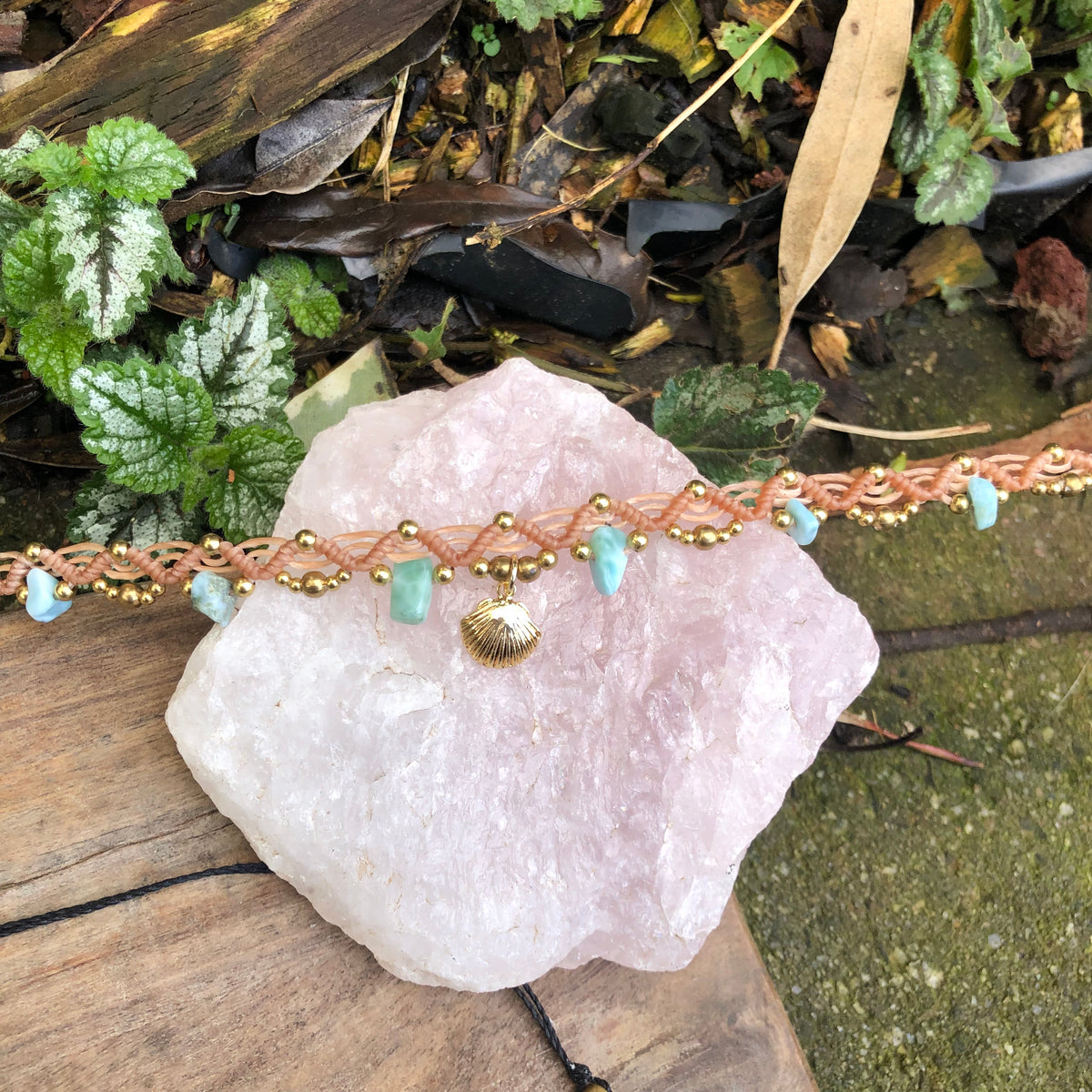Larimar Gemstone Macrame Anklet: Brass beads and Shell Charm, adjustable