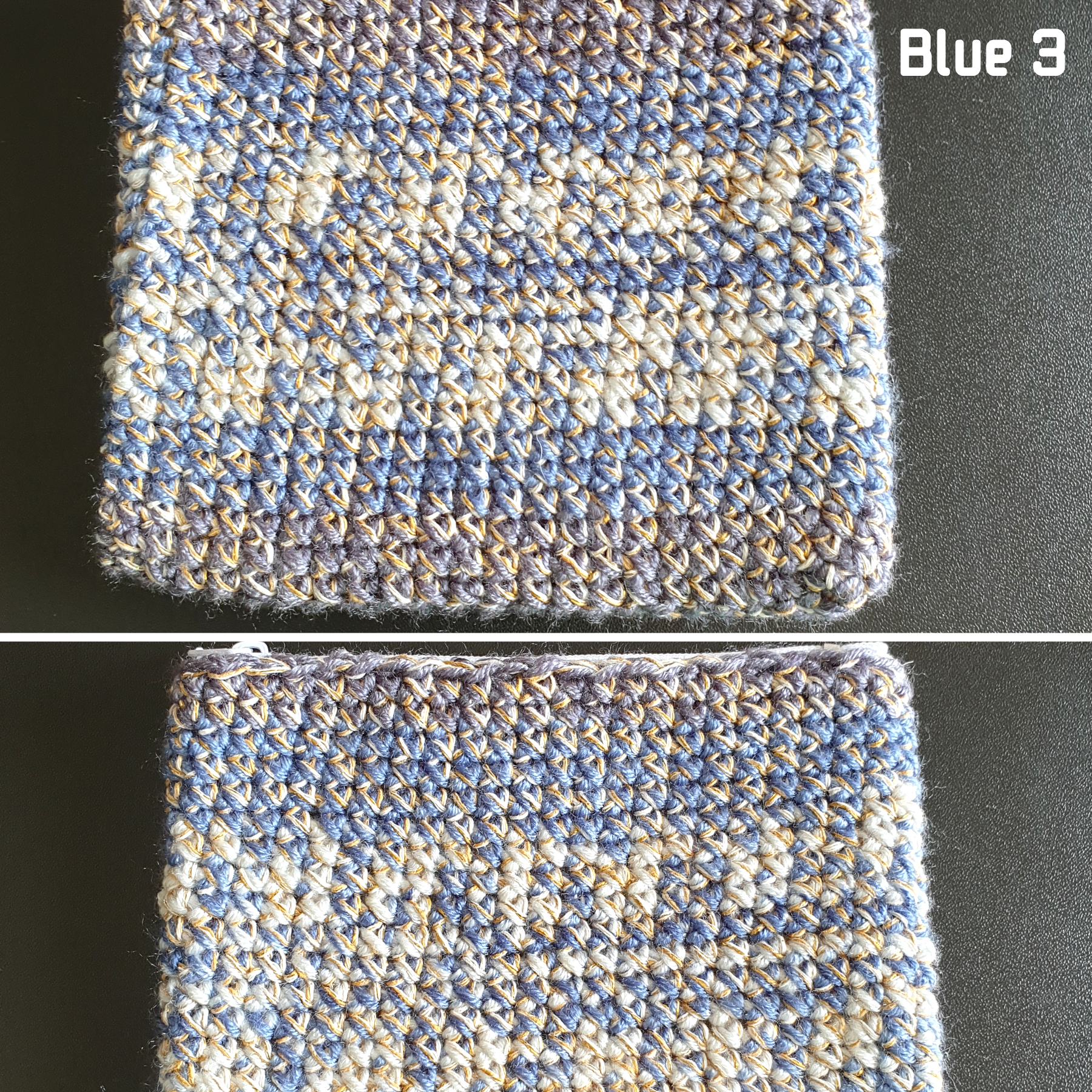 Handmade Zippered Crochet Travel Purse : Blue Gray Brown & Gold Silver mix