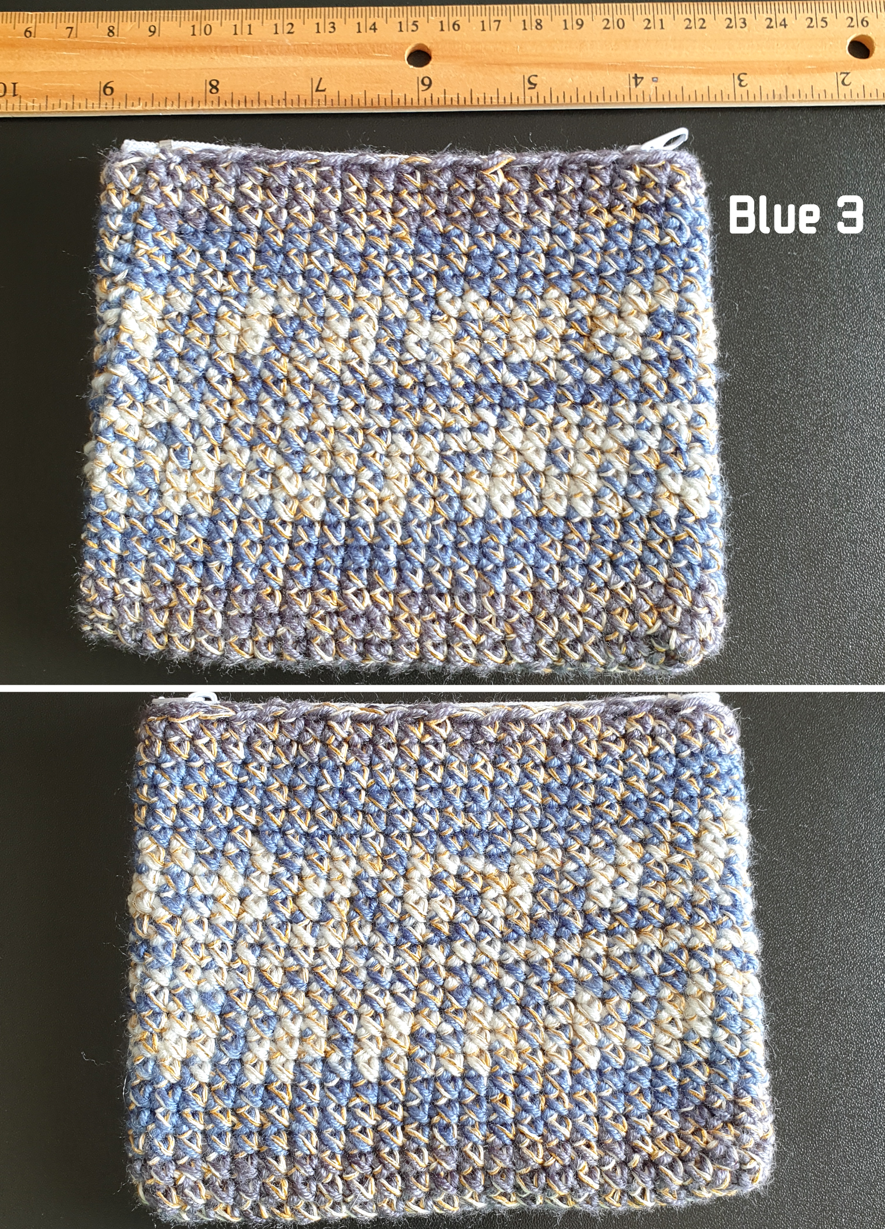 Handmade Zippered Crochet Travel Purse : Blue Gray Brown & Gold Silver mix