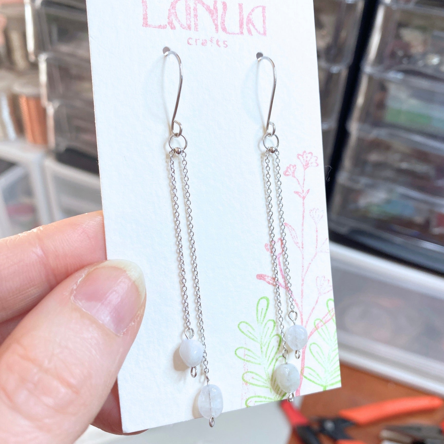 Natural Moonstone silver chain dangle earrings | Sterling silver | June birthstone