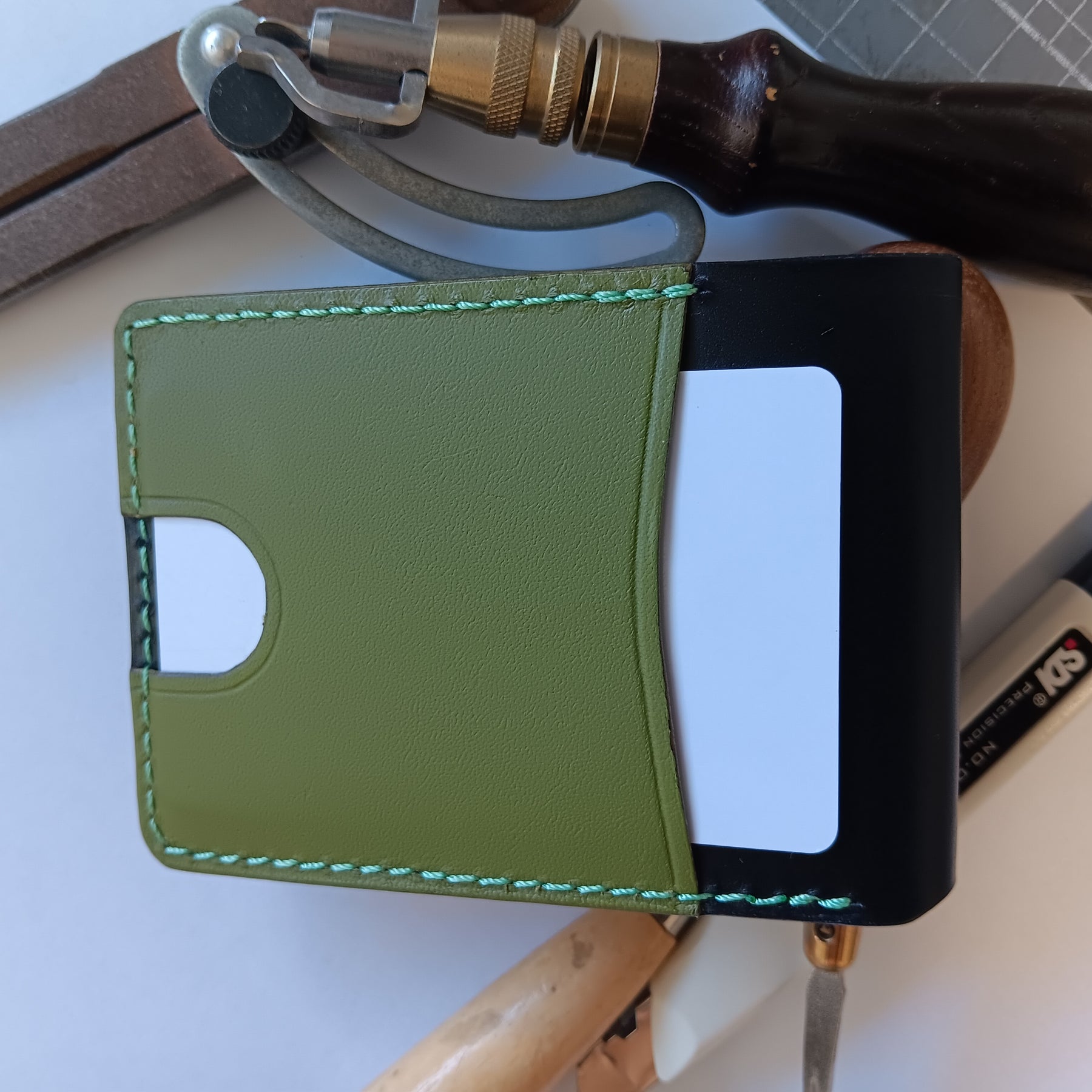 Men's Wallet Cardholder - Pea Green Stitching