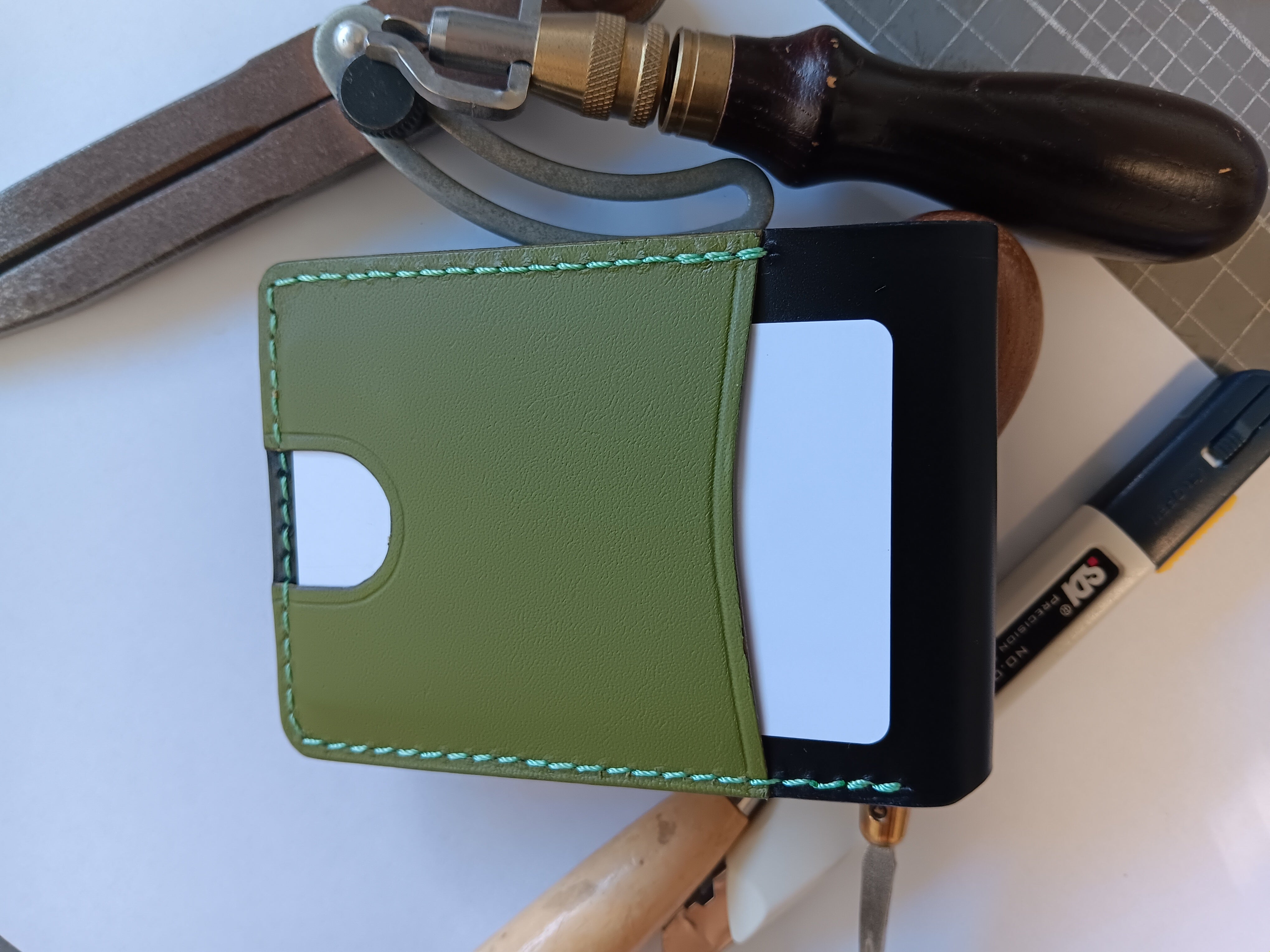 Men's Wallet Cardholder - Pea Green Stitching