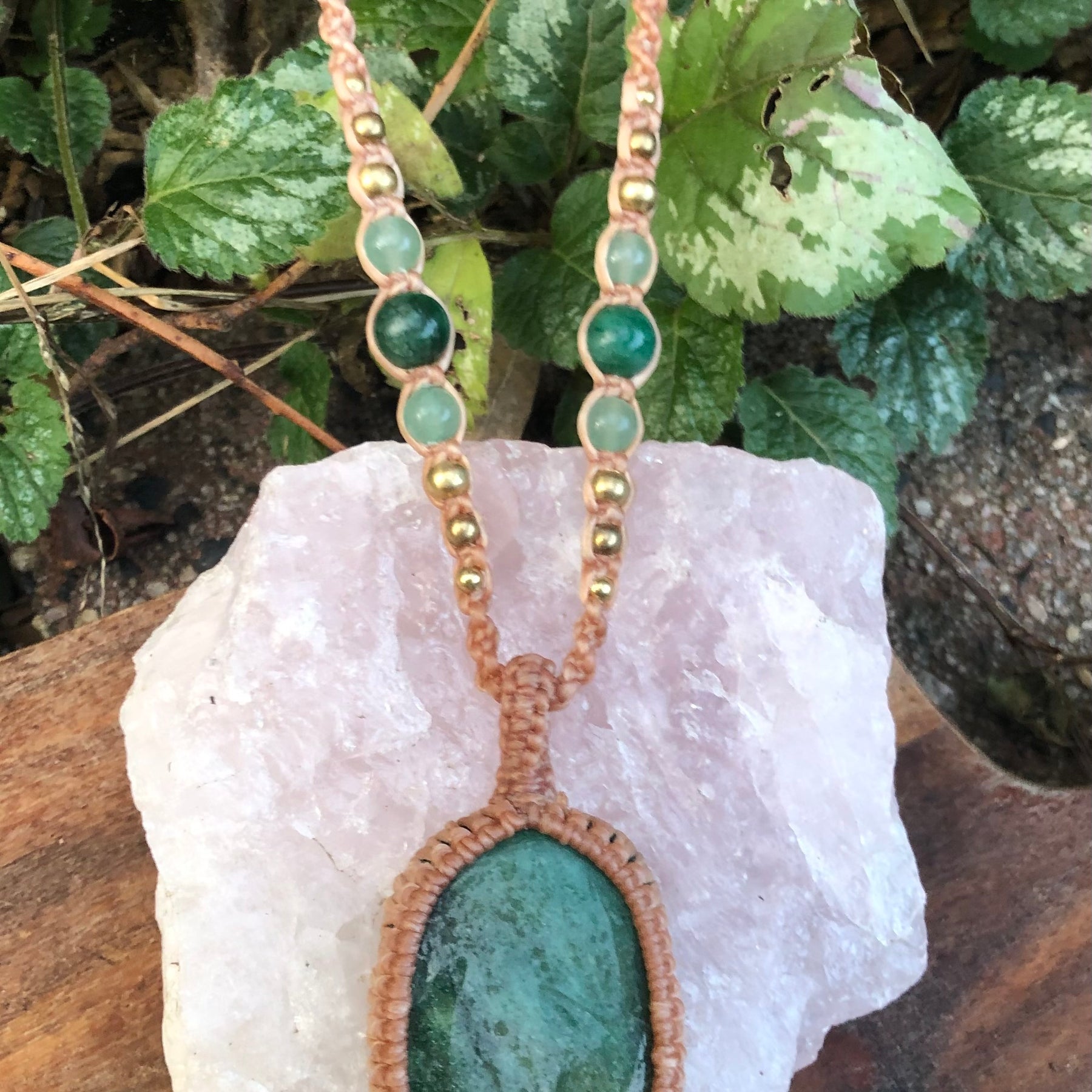 Green Fuschite Pendant Necklace: Beaded Macrame, Adjustable Boho Gift