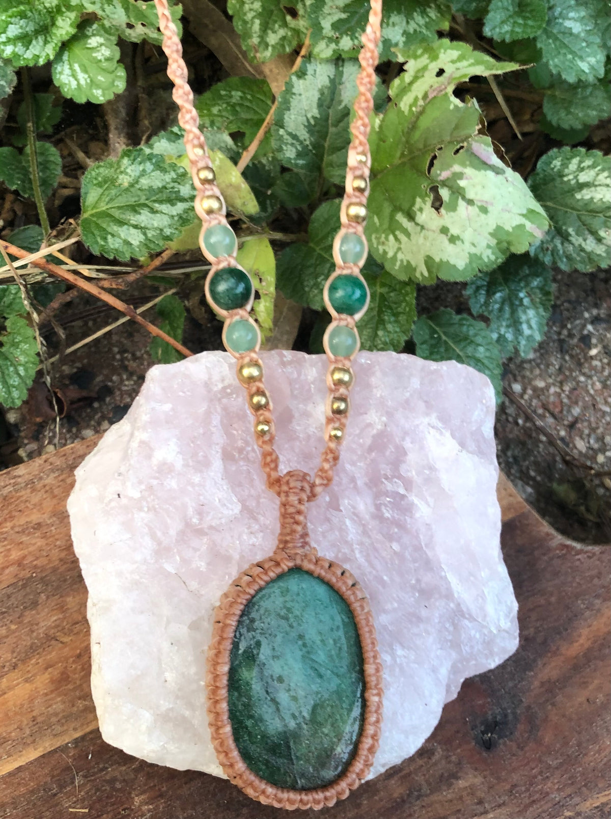 Green Fuschite Pendant Necklace: Beaded Macrame, Adjustable Boho Gift