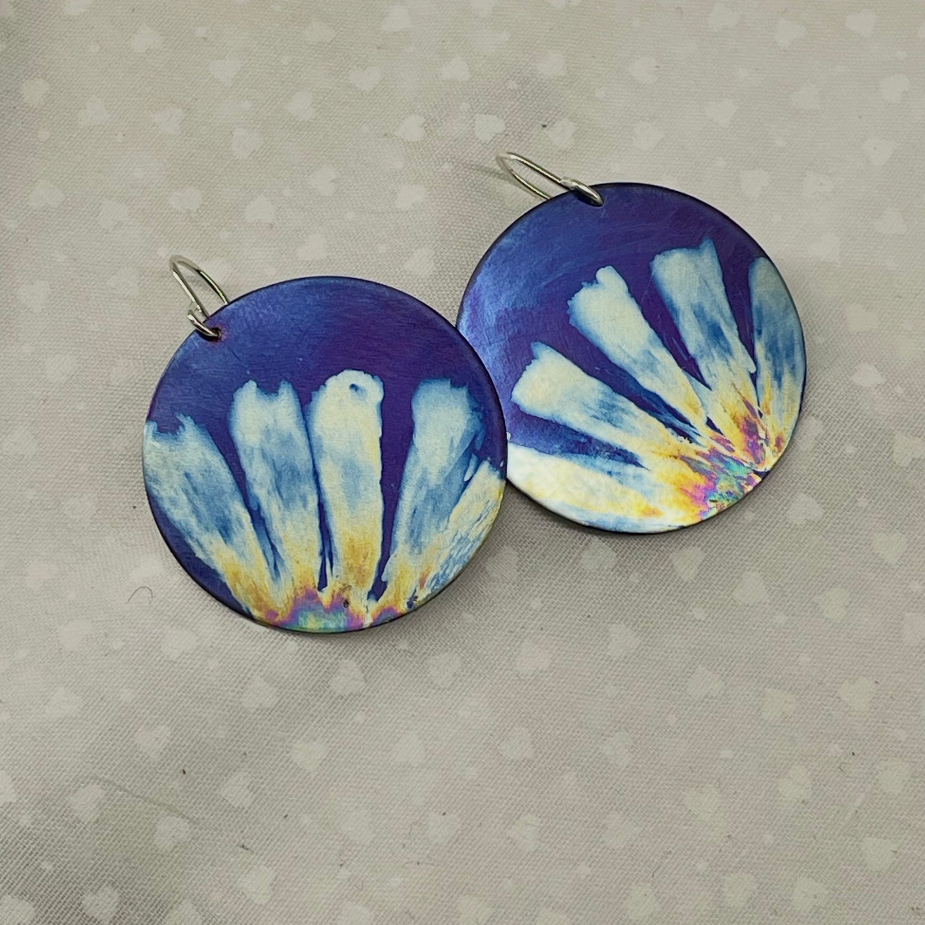 Titanium Disc Earrings Daisy Design - Purple and Ice Blue