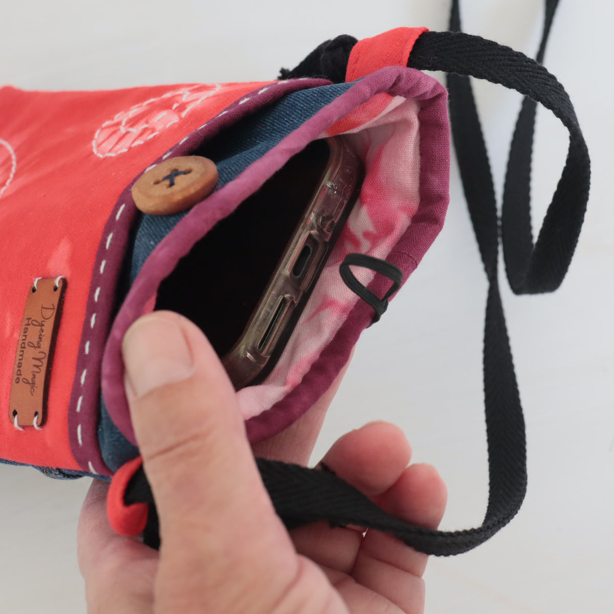Tie Dyed Cross Body bag for Phone and Glasses, Phone Sling, red, upcycled jeans