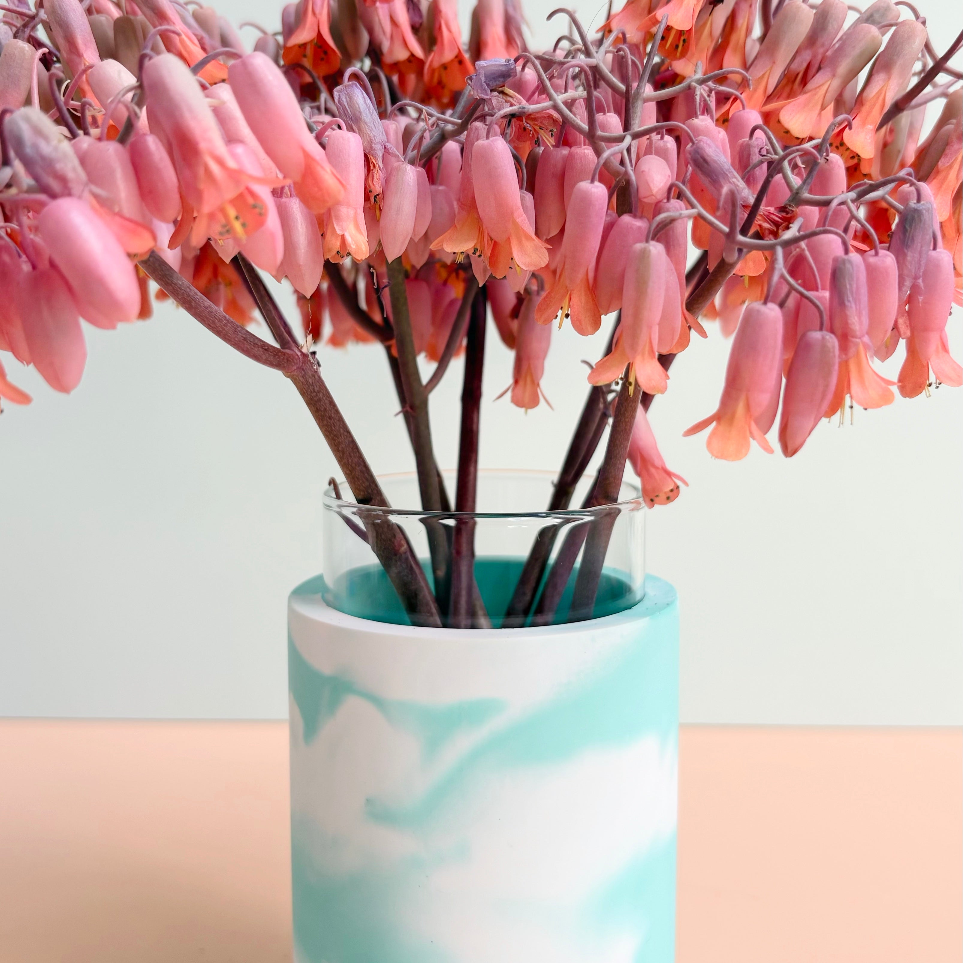 Swirling teal and white vase - made to order
