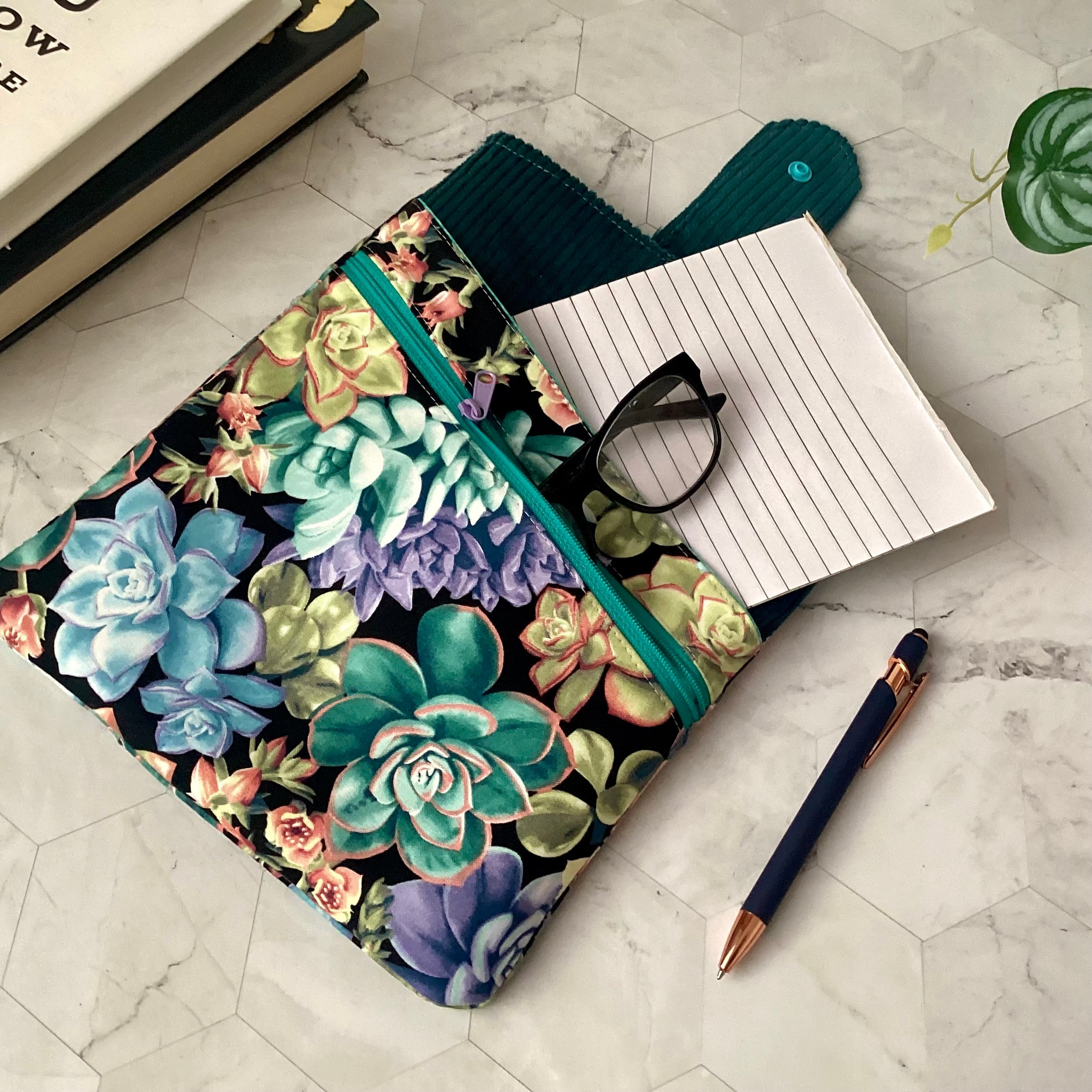 Succulent plants fabric book sleeve with 2 pockets. iPad, tablet pouch