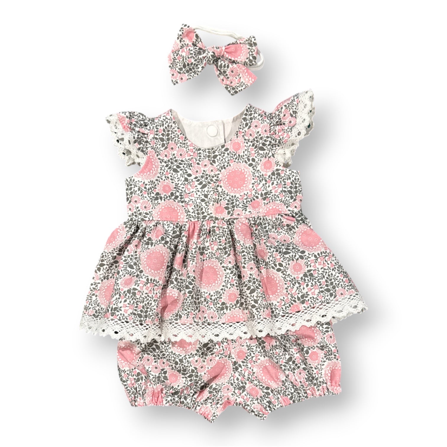 SIZE 000 Baby Dress and Bloomers Set | Pink swirl Flower with cotton Lace