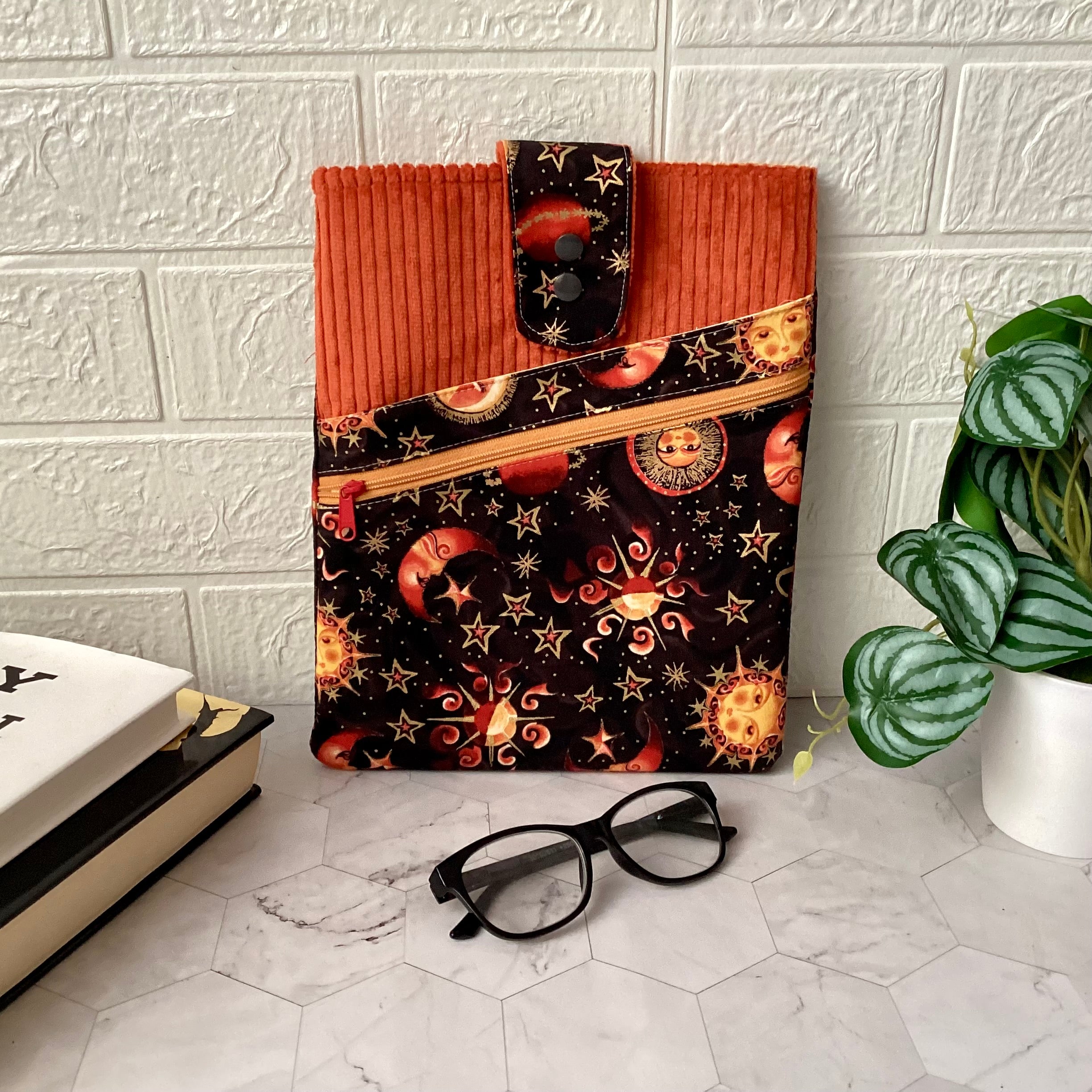 Cosmic Sun and Moon fabric book sleeve with 2 pockets. iPad, tablet pouch