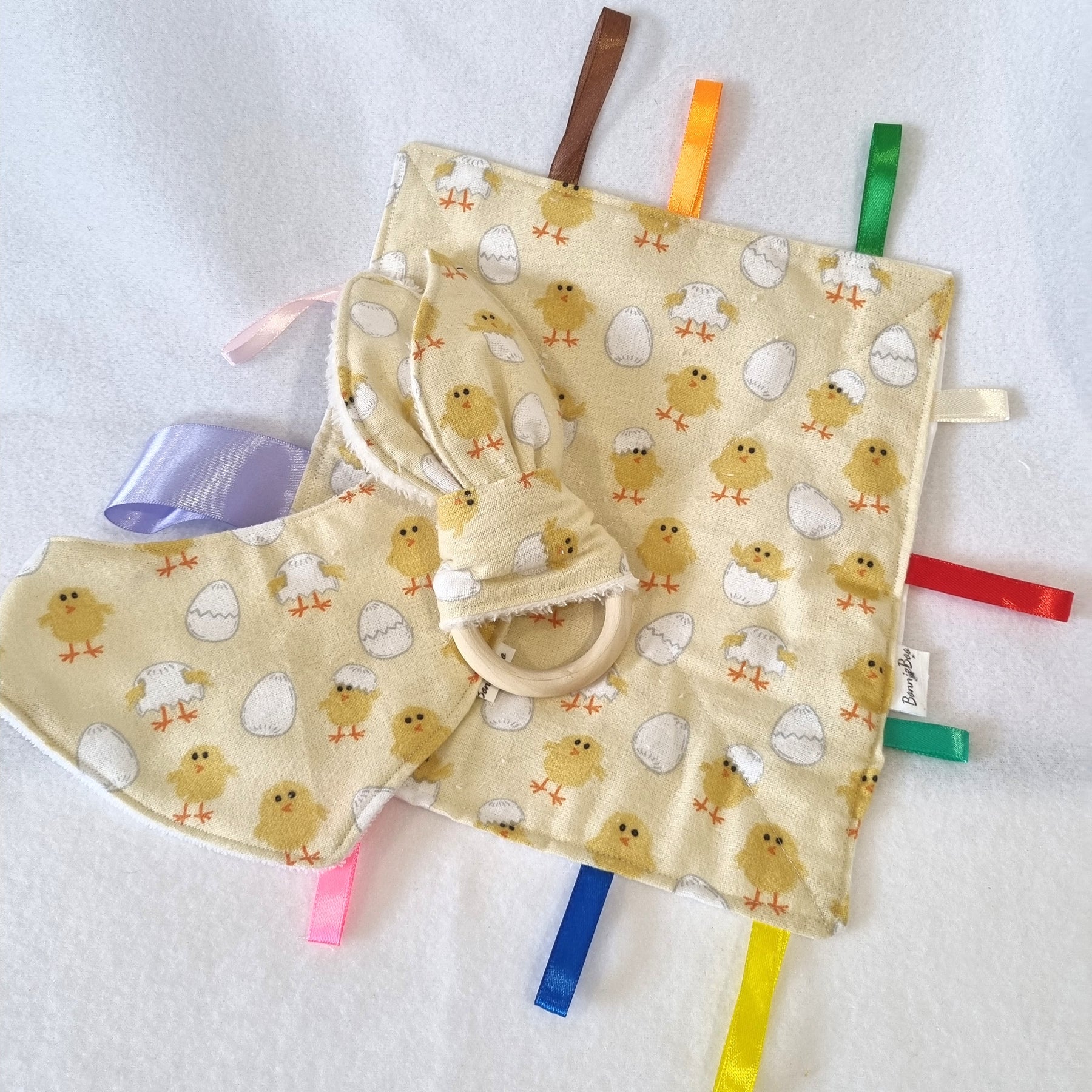 Handmade - Yellow Chicken Themed - 3 options available - Taggy, Bib and Teething Ring - BB04