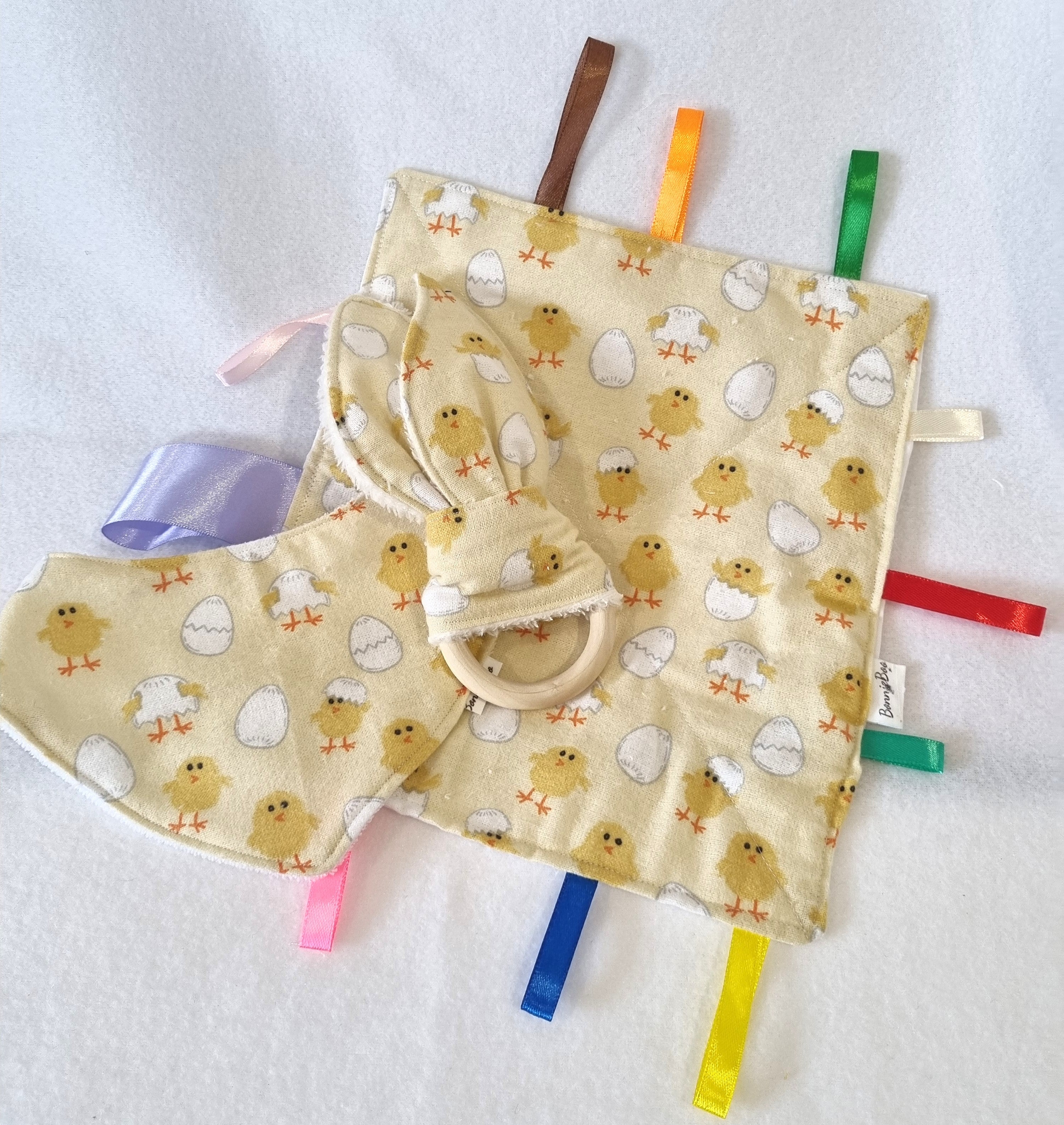 Handmade - Yellow Chicken Themed - 3 options available - Taggy, Bib and Teething Ring - BB04