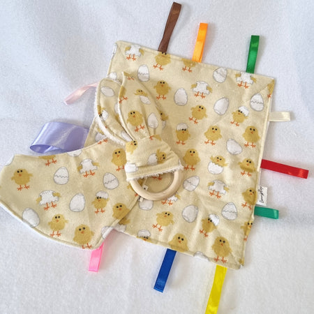 Handmade - Yellow Chicken Themed - 3 options available - Taggy, Bib and Teething Ring - BB04