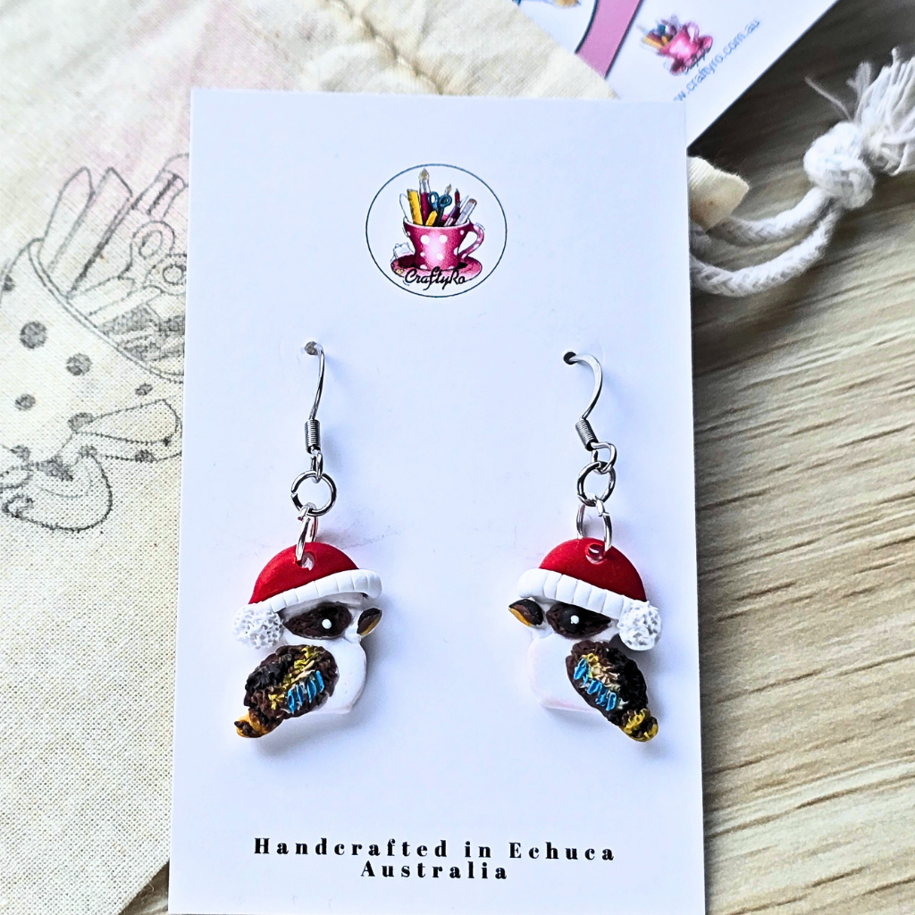 Christmas Kookaburra dangle earrings with Santa hats