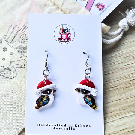 Christmas Kookaburra dangle earrings with Santa hats