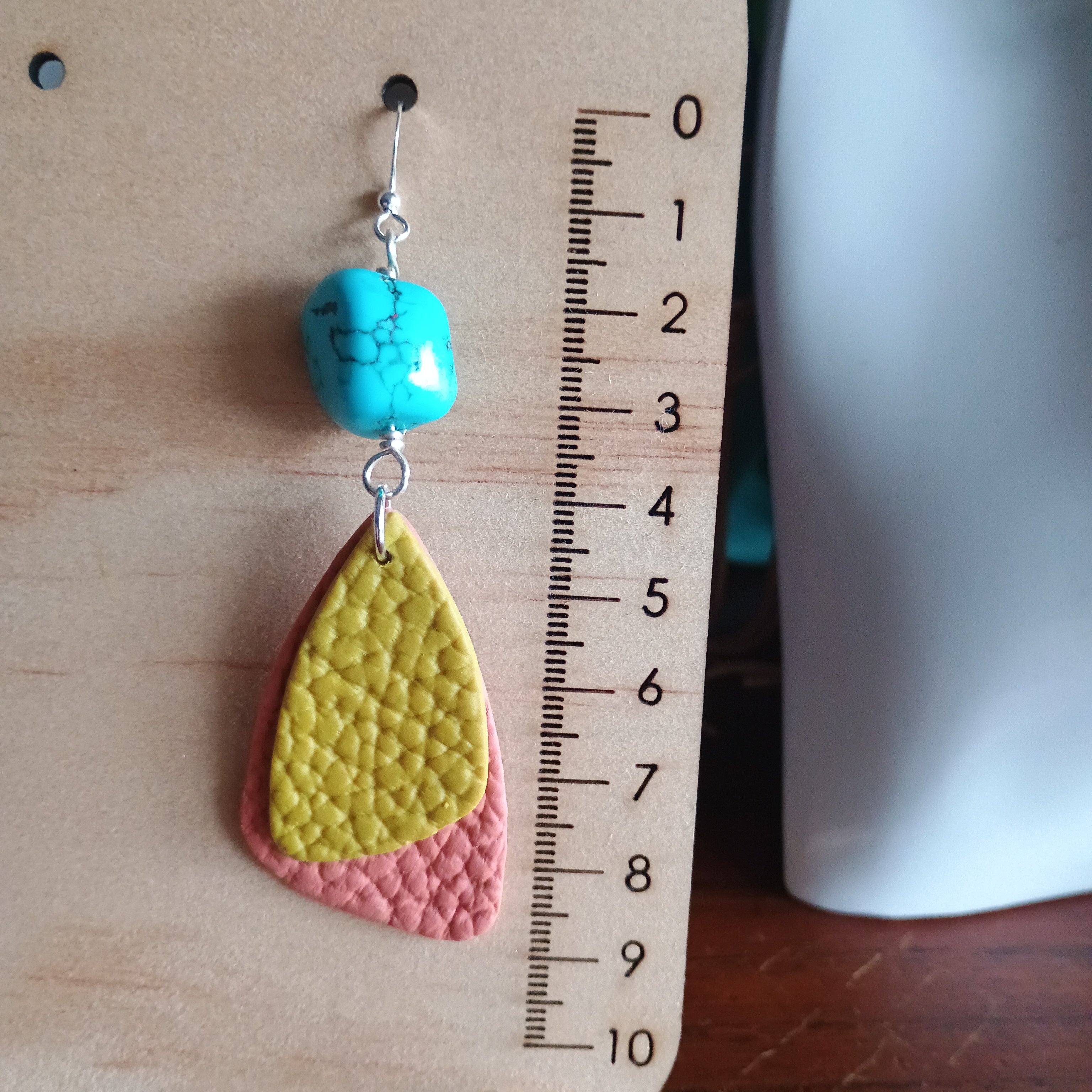 Leather look and turquoise bead polymer clay statement earrings