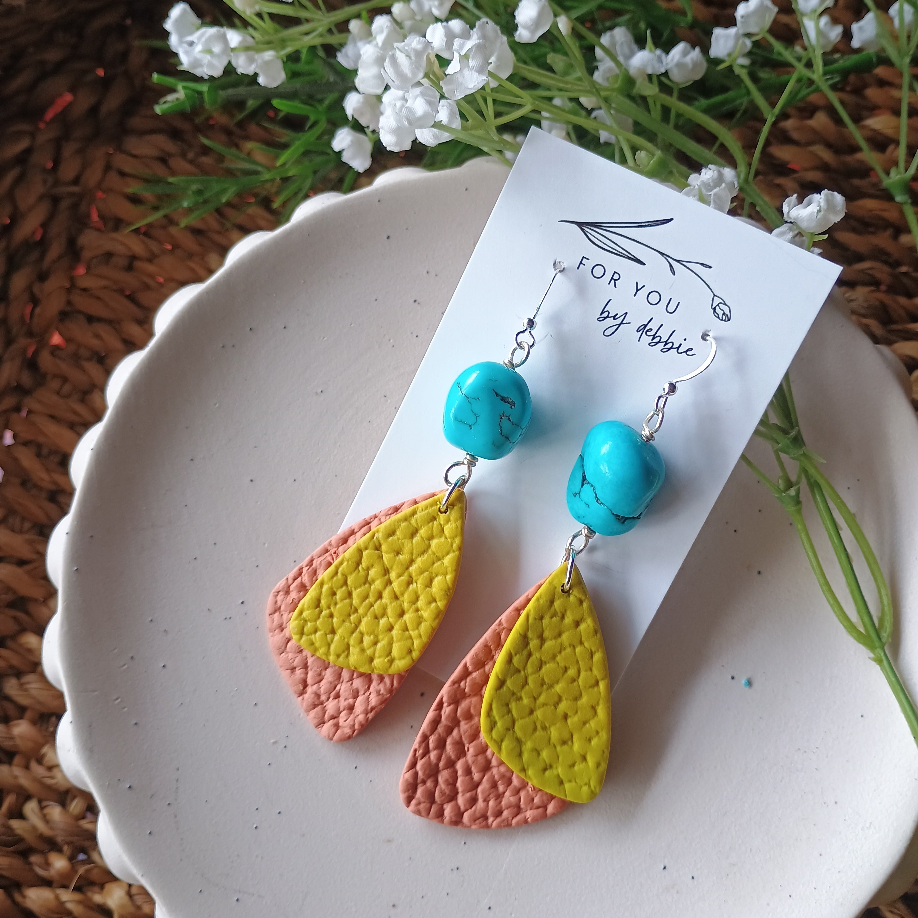 Leather look and turquoise bead polymer clay statement earrings
