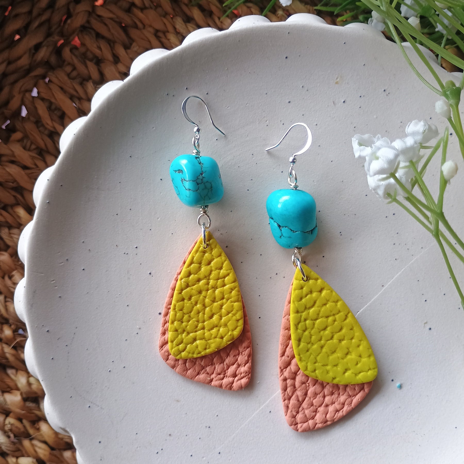 Leather look and turquoise bead polymer clay statement earrings