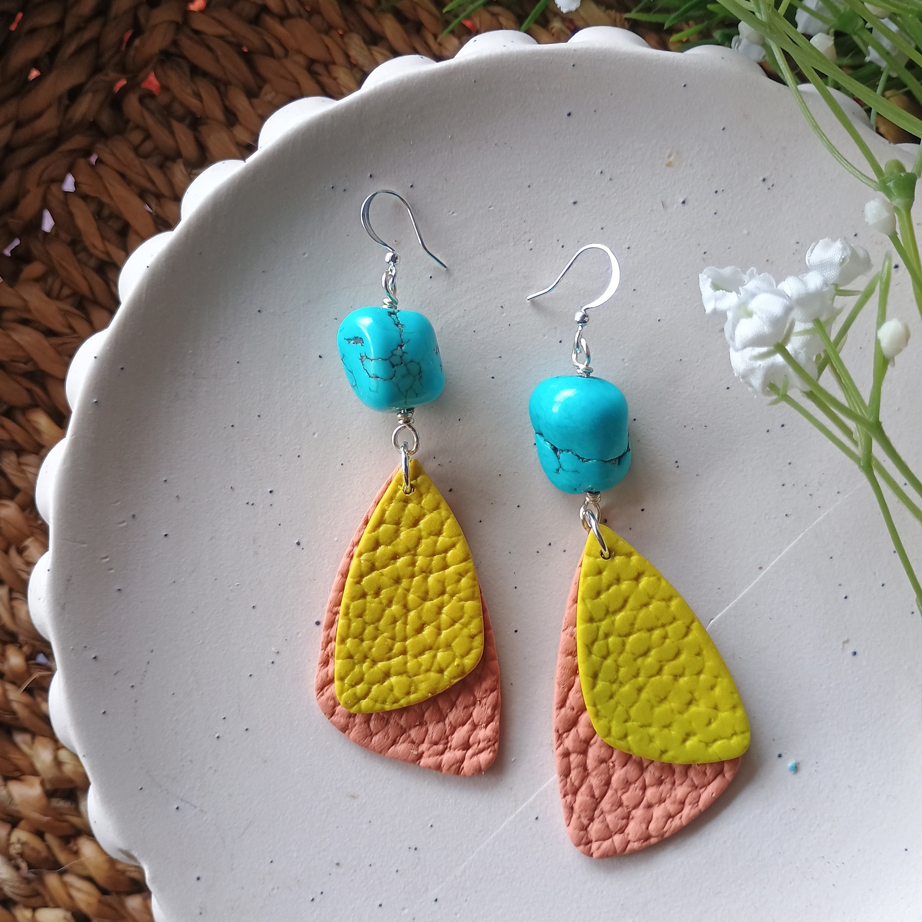 Leather look and turquoise bead polymer clay statement earrings