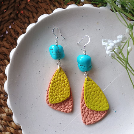 Leather look and turquoise bead polymer clay statement earrings