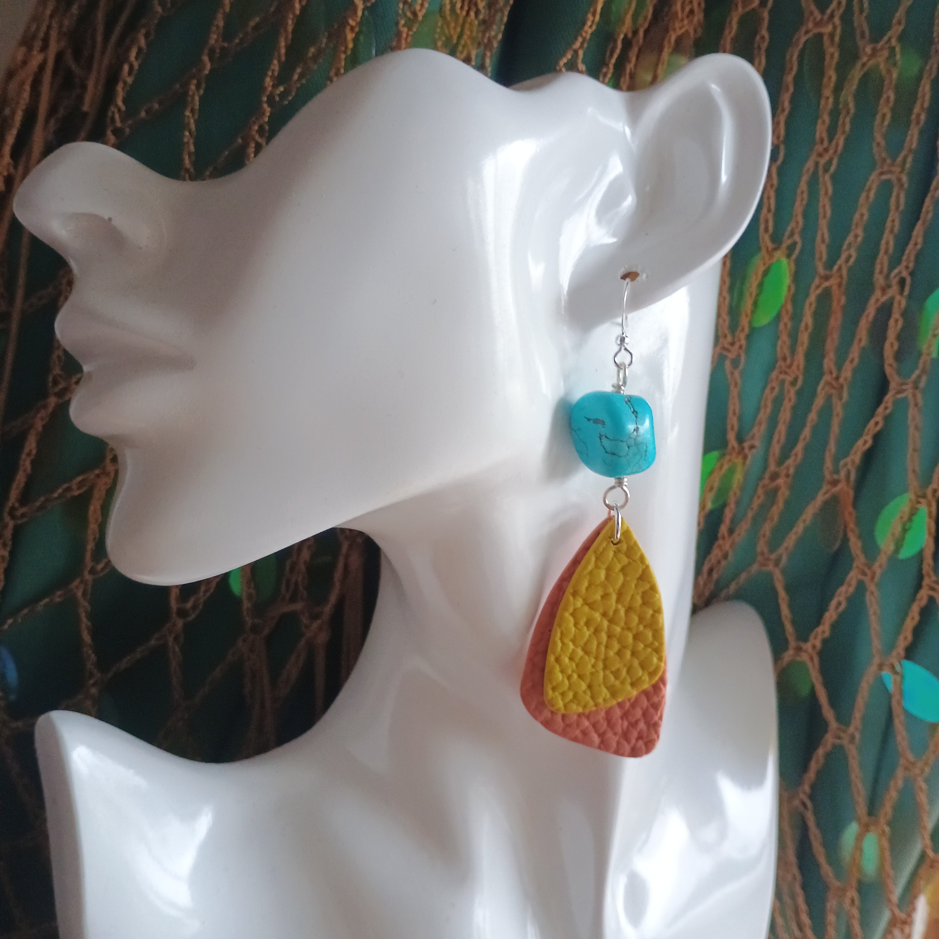 Leather look and turquoise bead polymer clay statement earrings