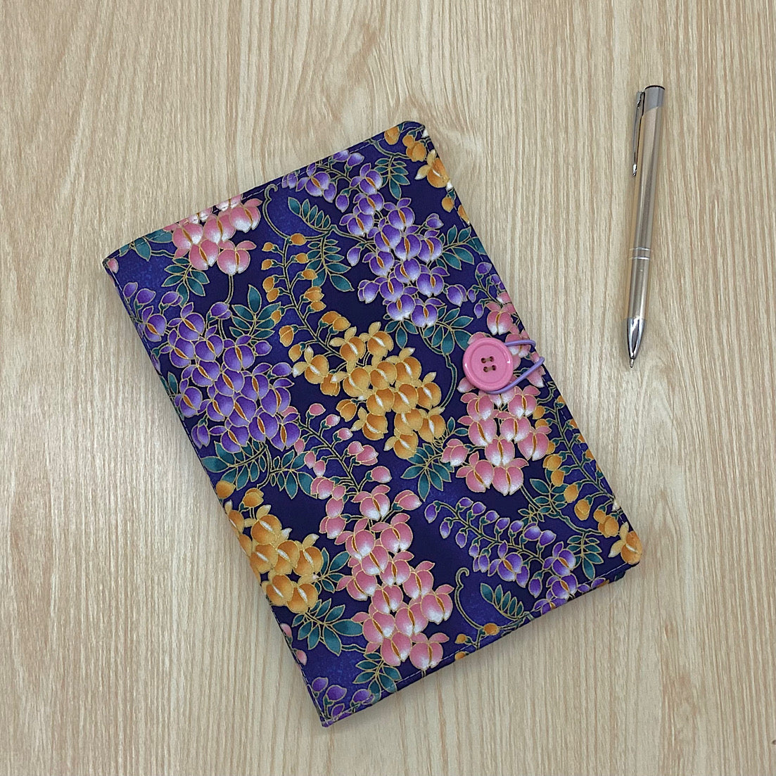 Wisteria (blue) flower refillable A5 fabric notebook cover gift set - Incl. book and pen.