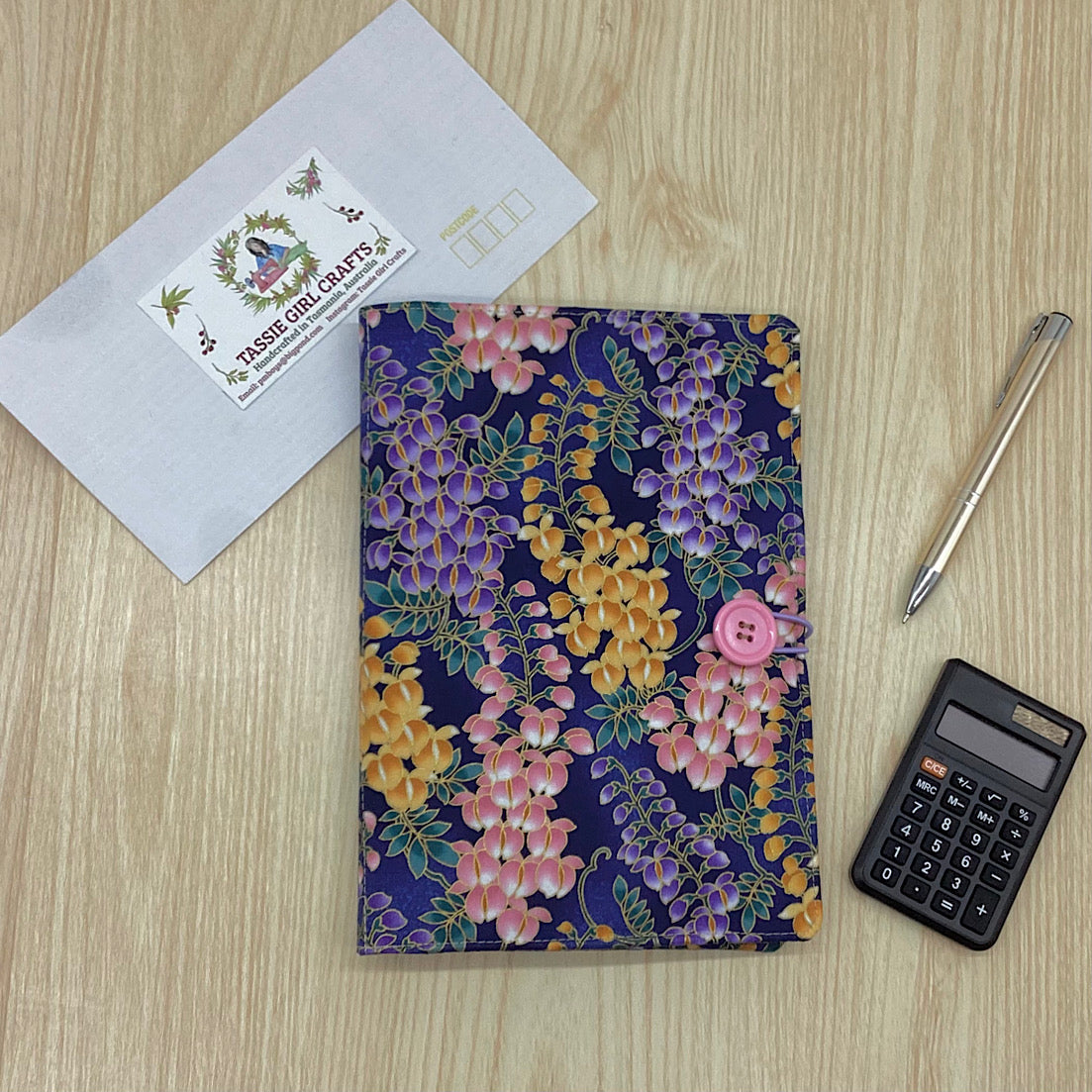 Wisteria (blue) flower refillable A5 fabric notebook cover gift set - Incl. book and pen.