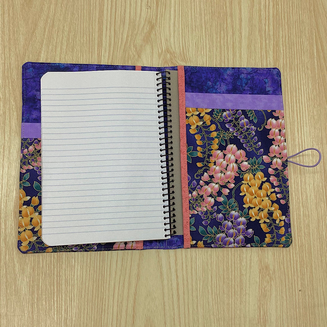 Wisteria (blue) flower refillable A5 fabric notebook cover gift set - Incl. book and pen.