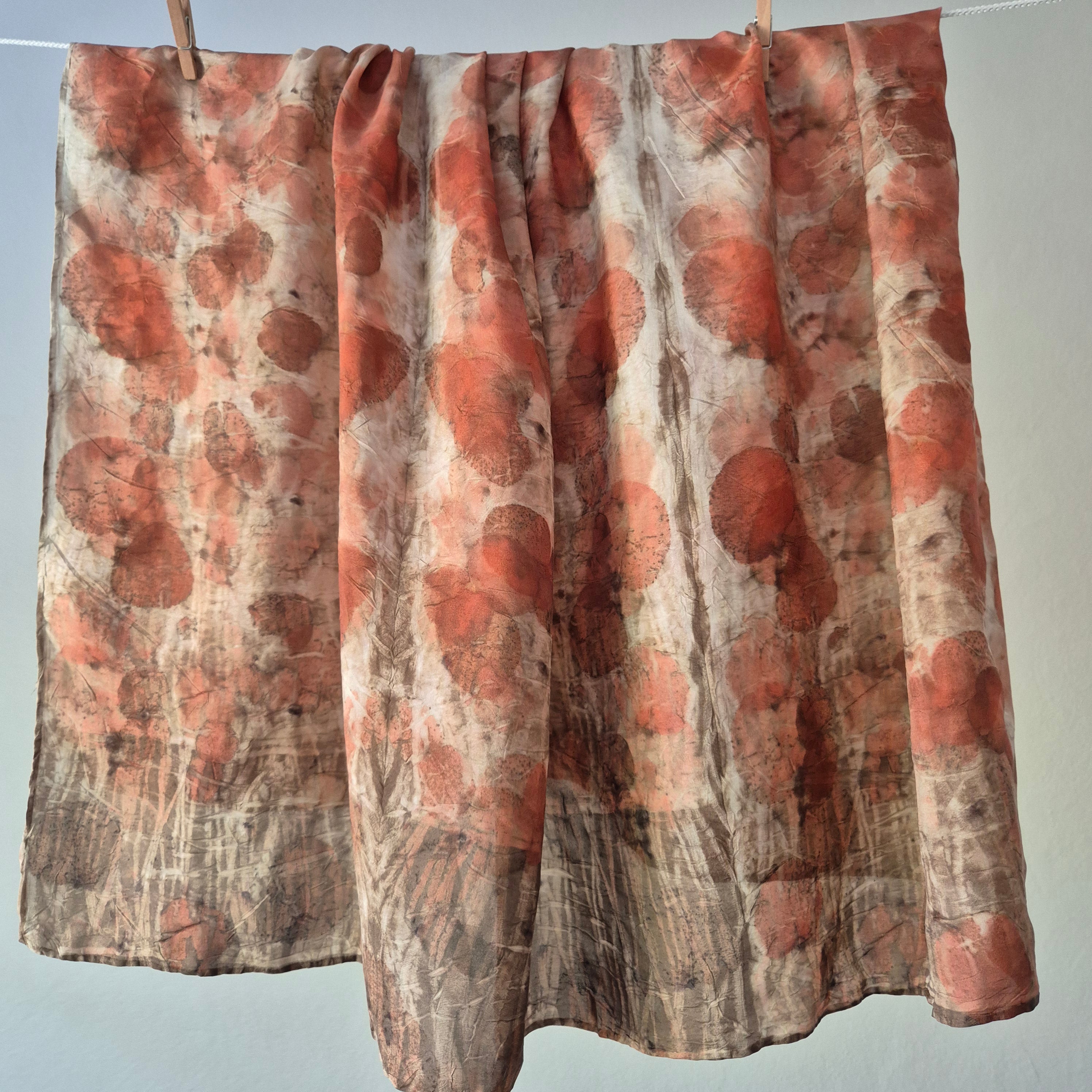 Silk scarf square ecoprinted with eucalyptus leaves