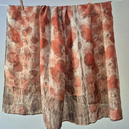 Silk scarf square ecoprinted with eucalyptus leaves