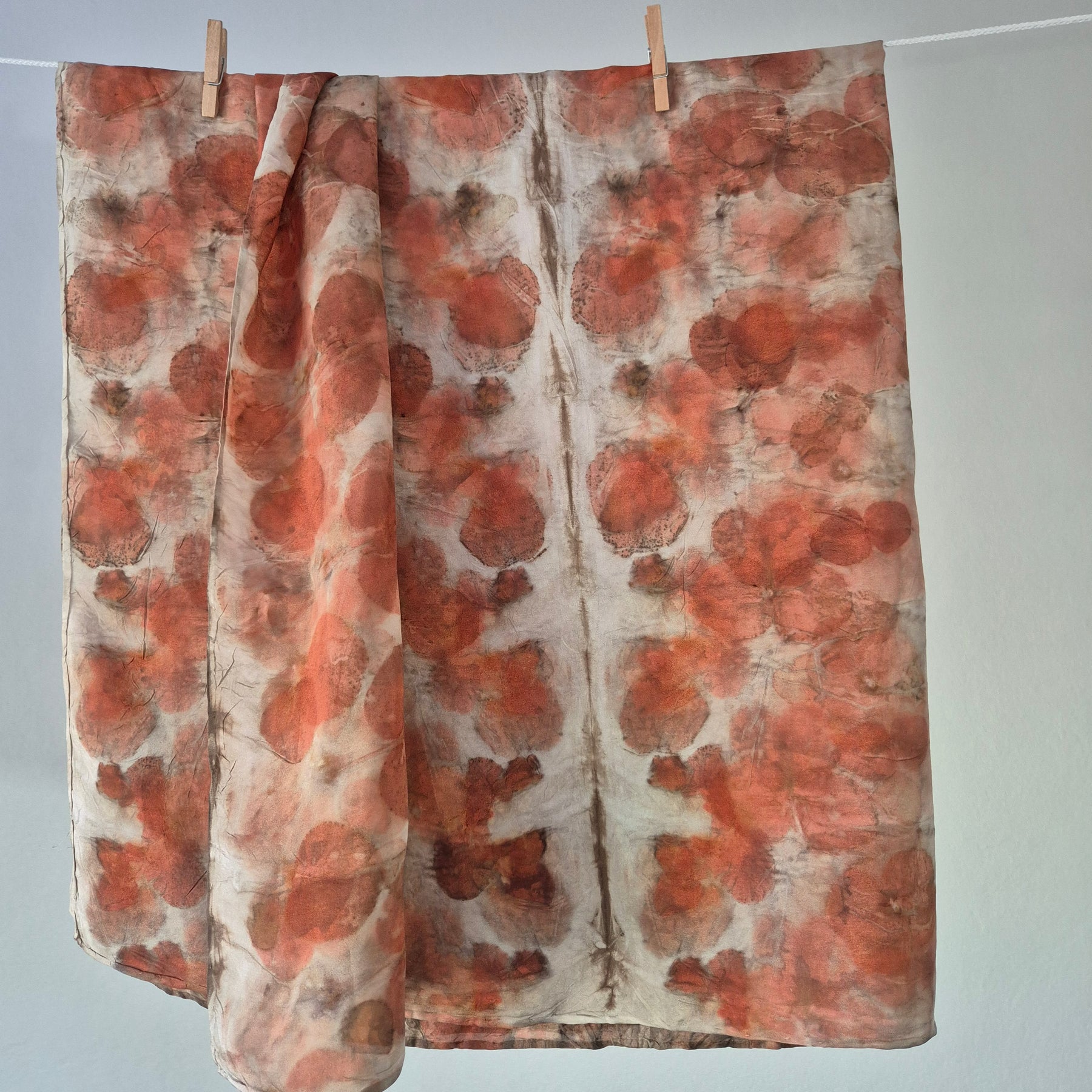 Silk scarf square ecoprinted with eucalyptus leaves