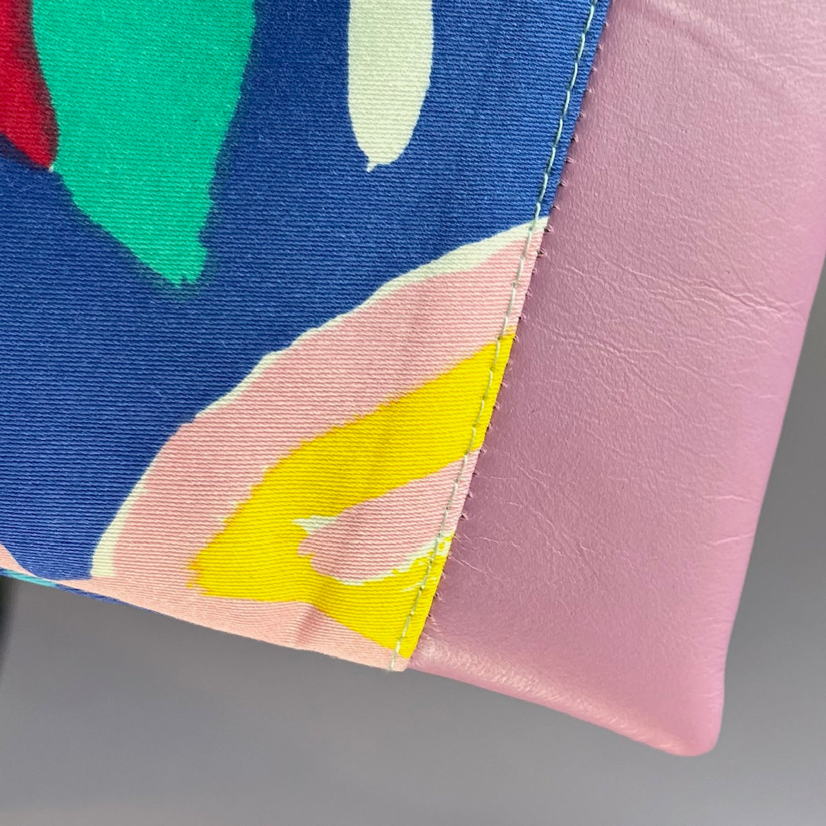 Colourful, repurposed vintage fabric zip POUCH with leather