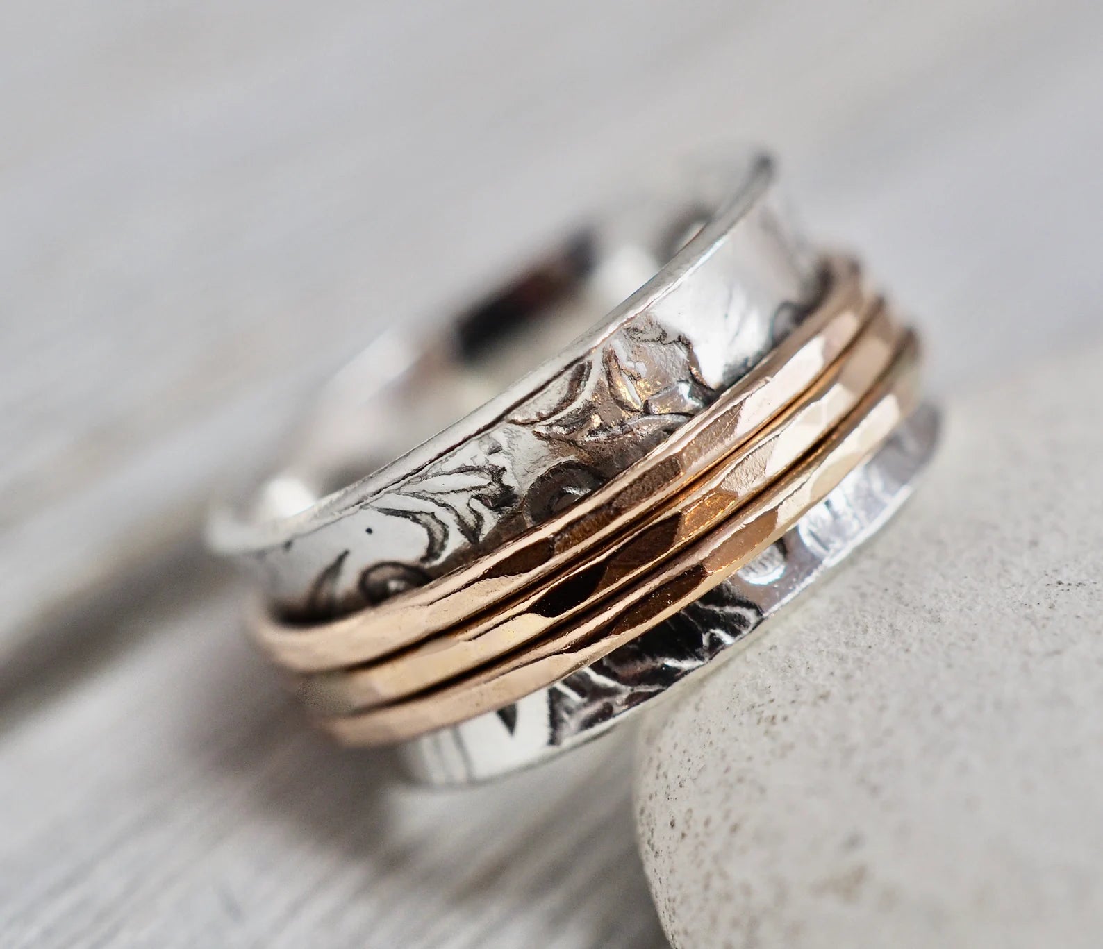 Silver and rose gold spinner ring | Silver and gold fill fidget ring | Solid sterling silver anxiety ring | Silver handmade jewellery