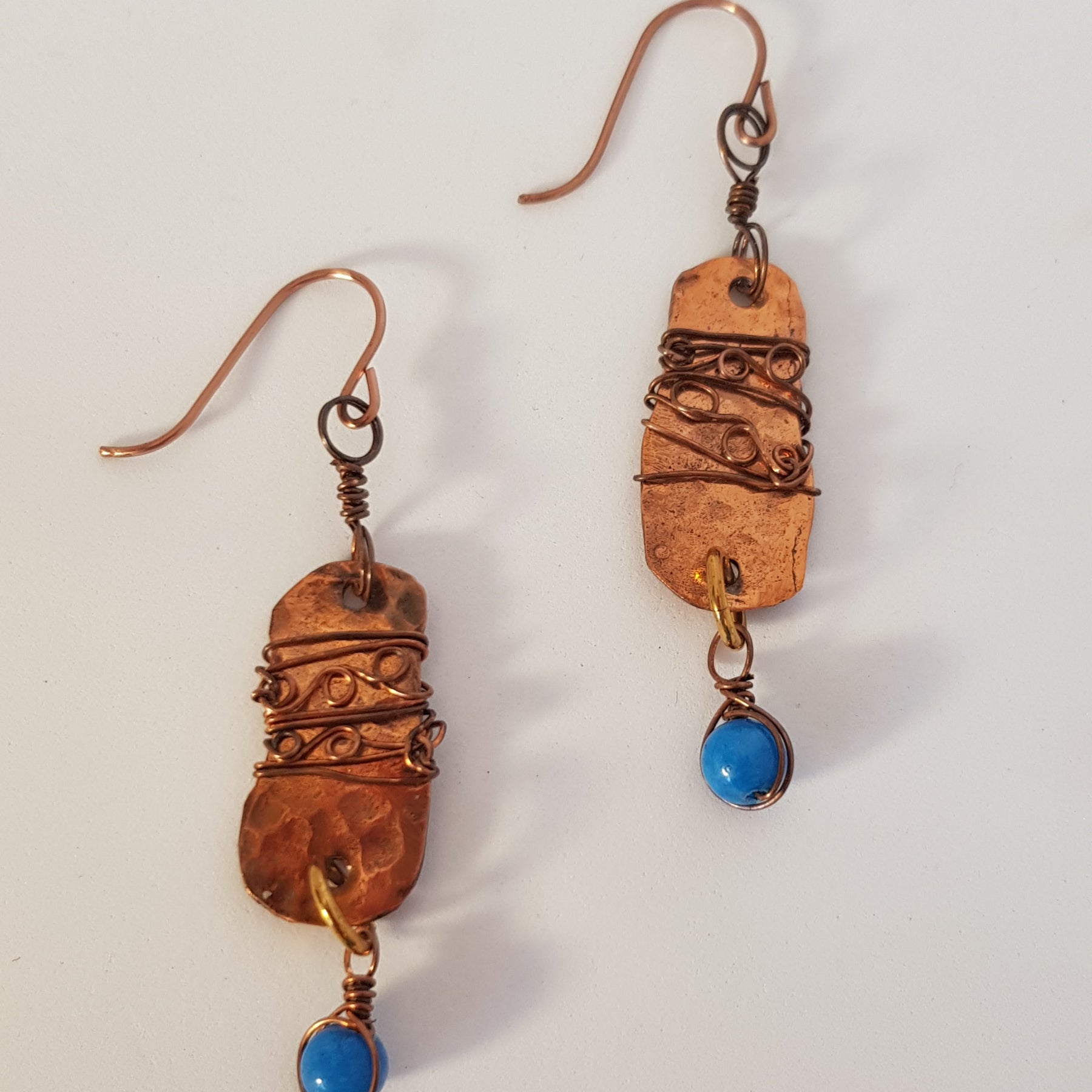 Organic copper earrings with turquoise bead. #673 AM/E