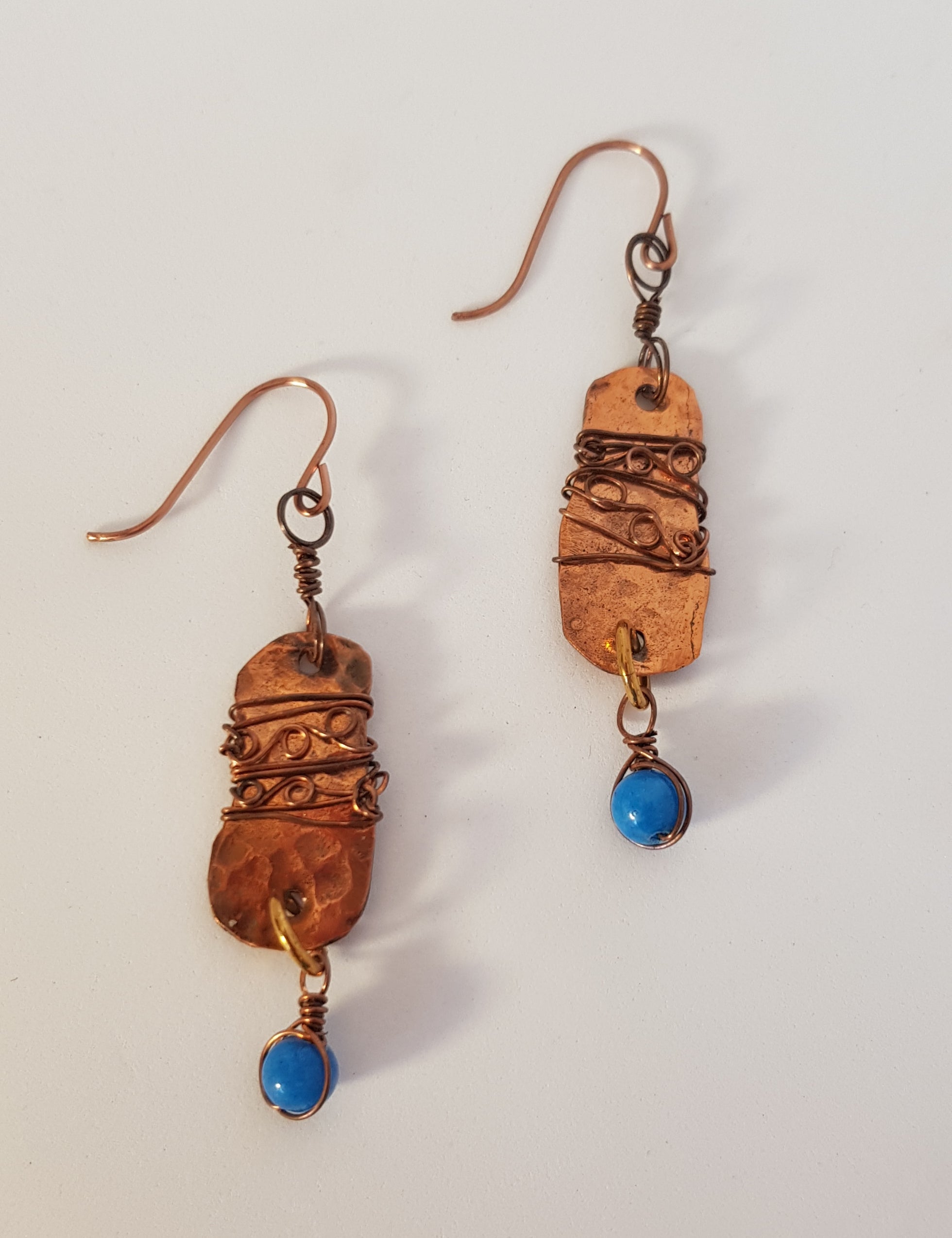 Organic copper earrings with turquoise bead. #673 AM/E