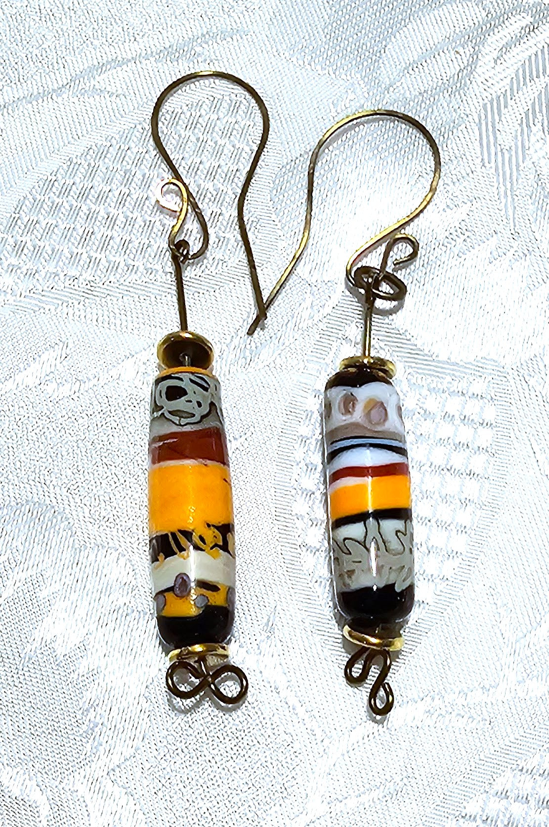 Assymetrical Ceramic Cylinder Orange and Multicoloured Earrings