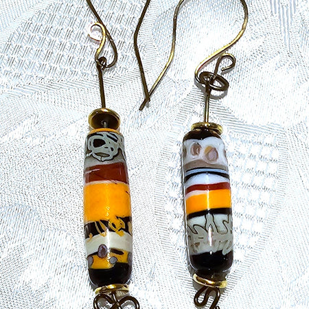 Assymetrical Ceramic Cylinder Orange and Multicoloured Earrings