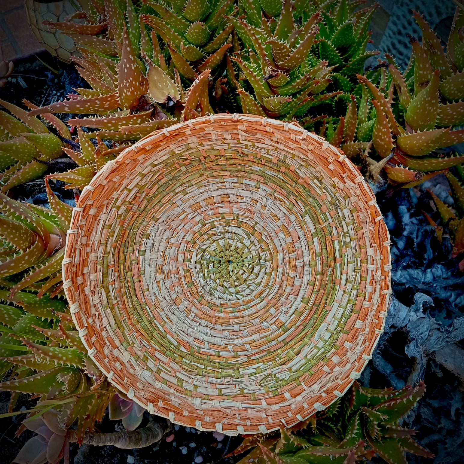 Raffia Basket in orange, green and natural