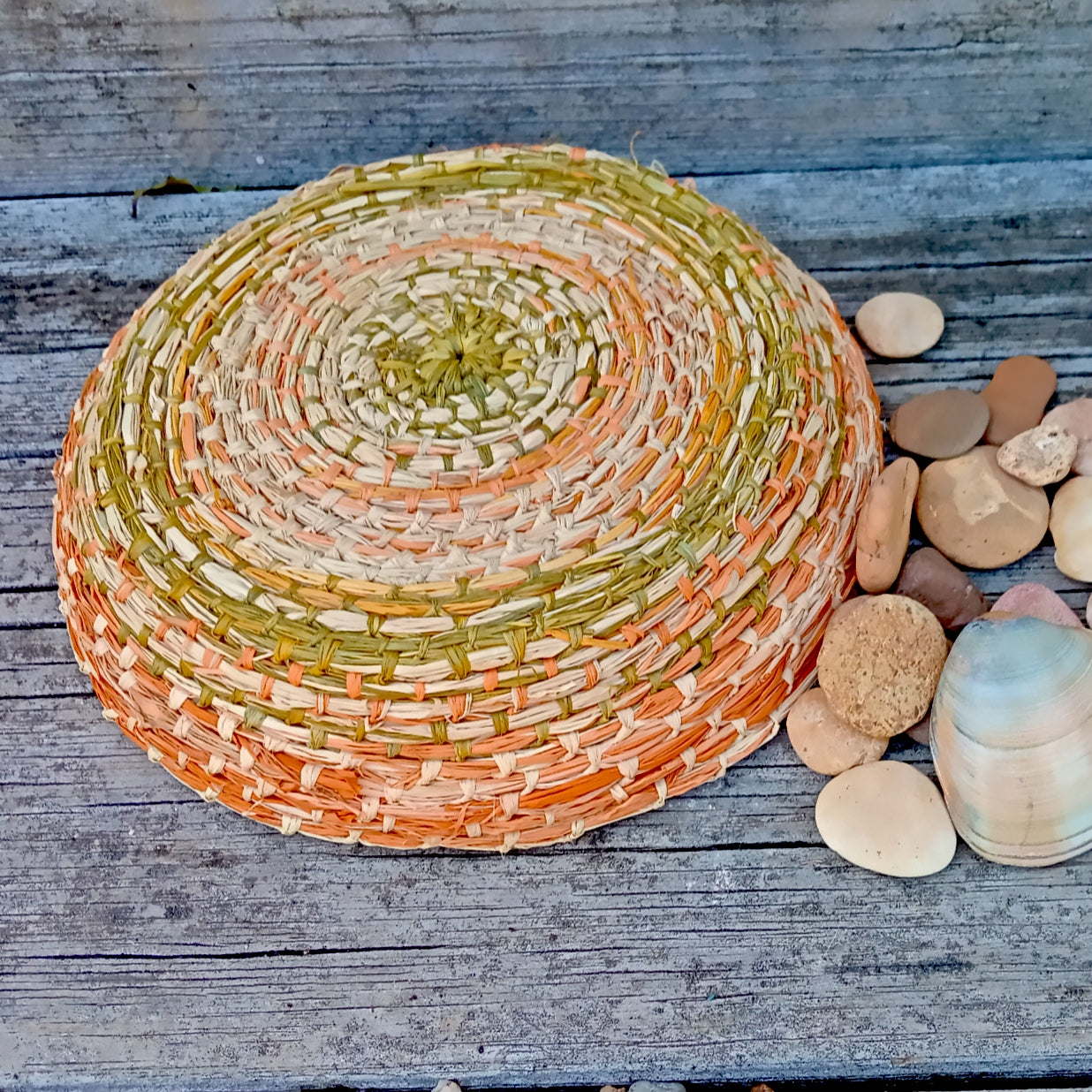 Raffia Basket in orange, green and natural