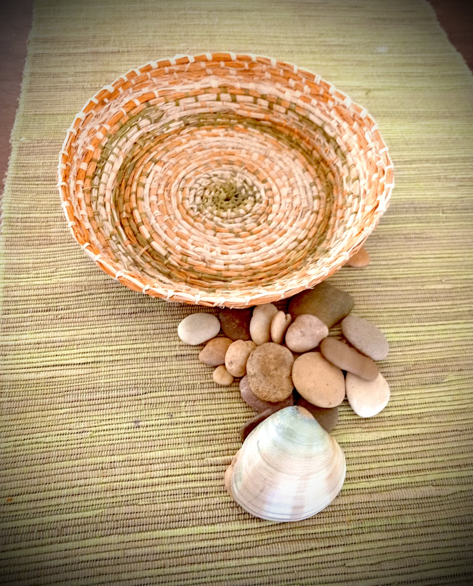 Raffia Basket in orange, green and natural