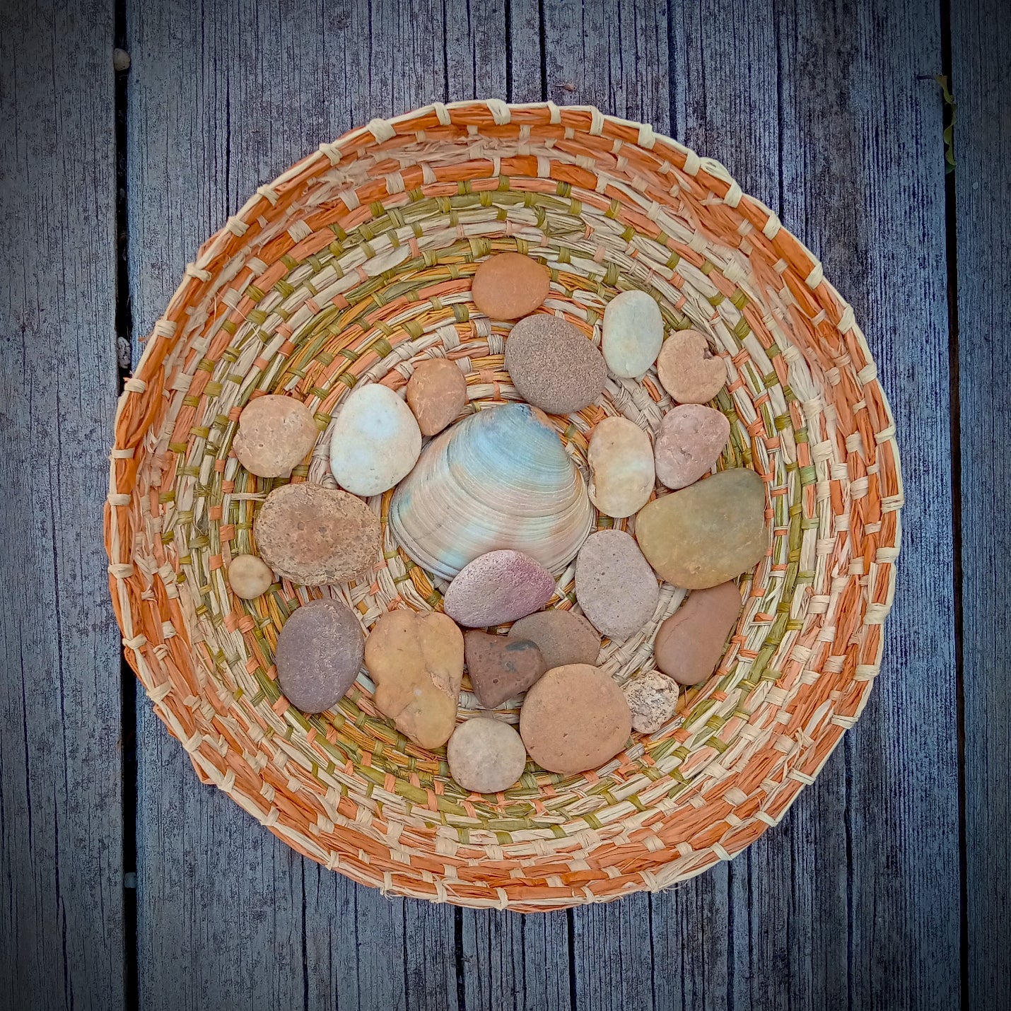 Raffia Basket in orange, green and natural