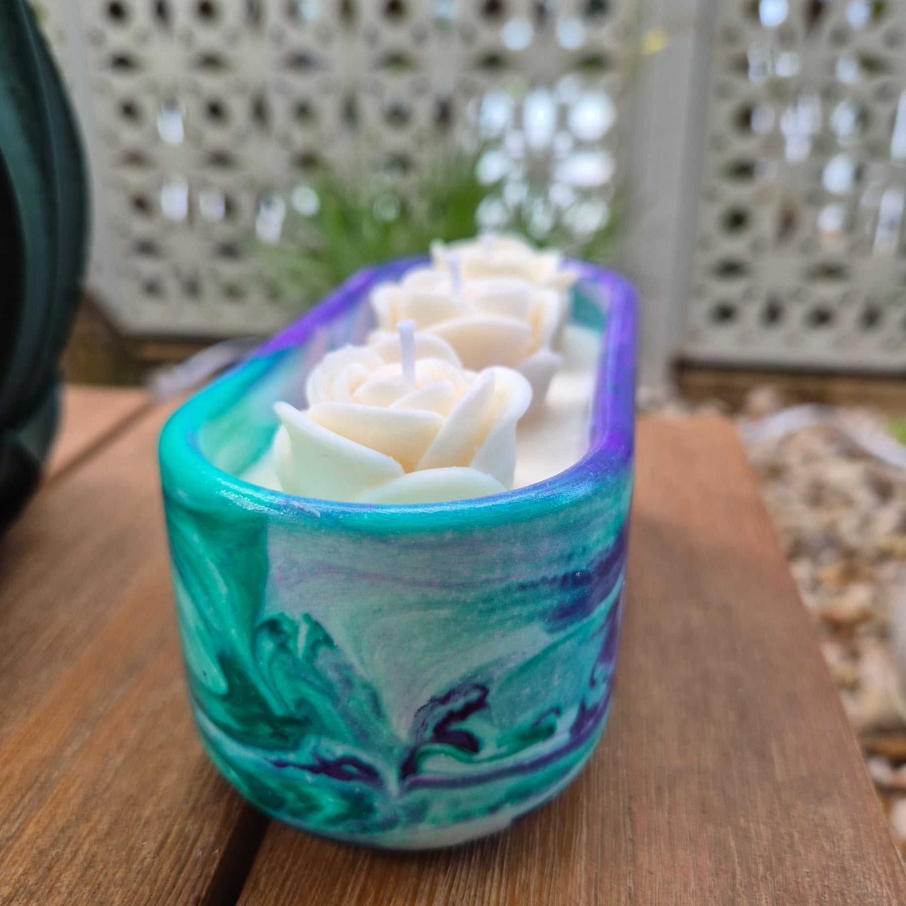 Green and purple concrete bowl candle with gardenia and roses
